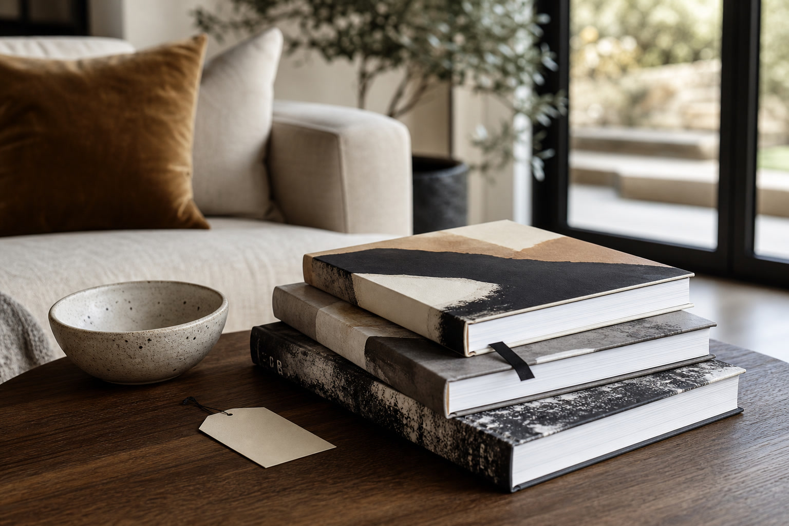 Coffee table books stacked with bookmark, ribbon, and gift tag