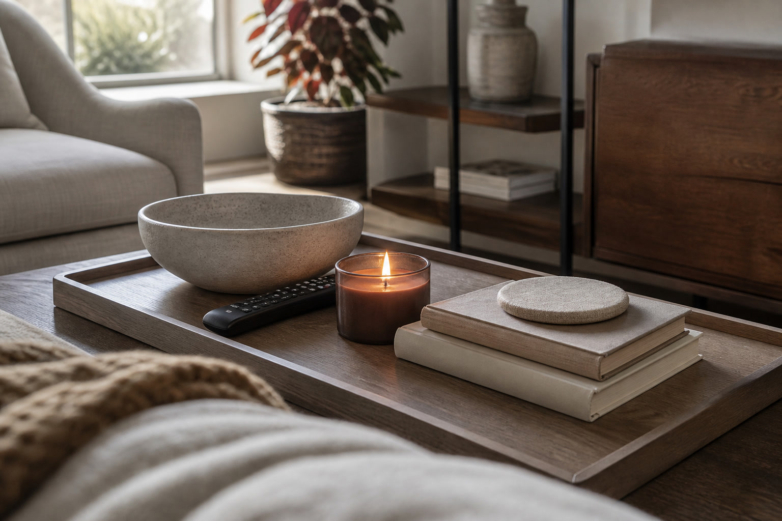 Coffee table tray with book, remote, candle, and small bowl