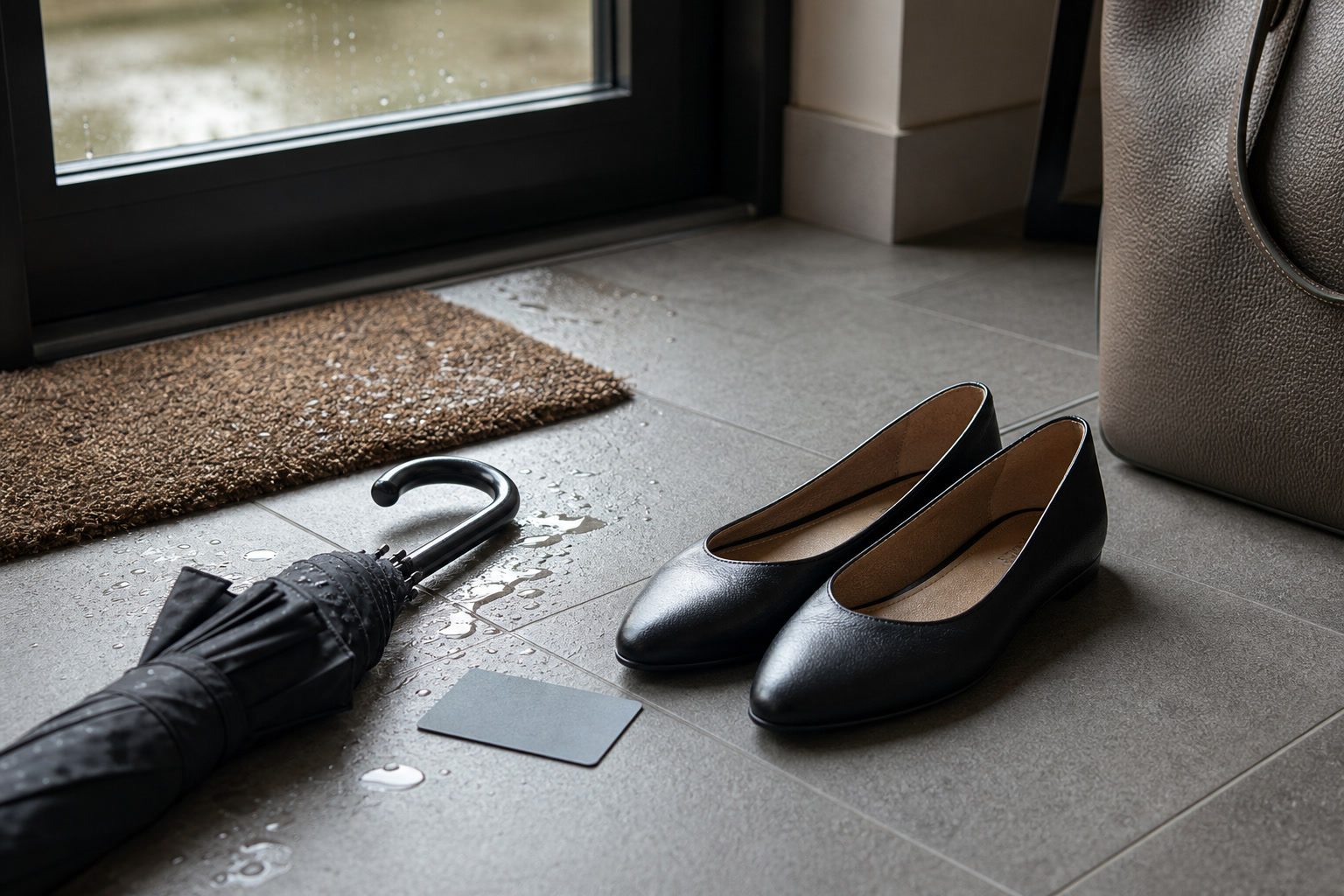 Commuting flat shoes beside a transit card, umbrella, and work tote