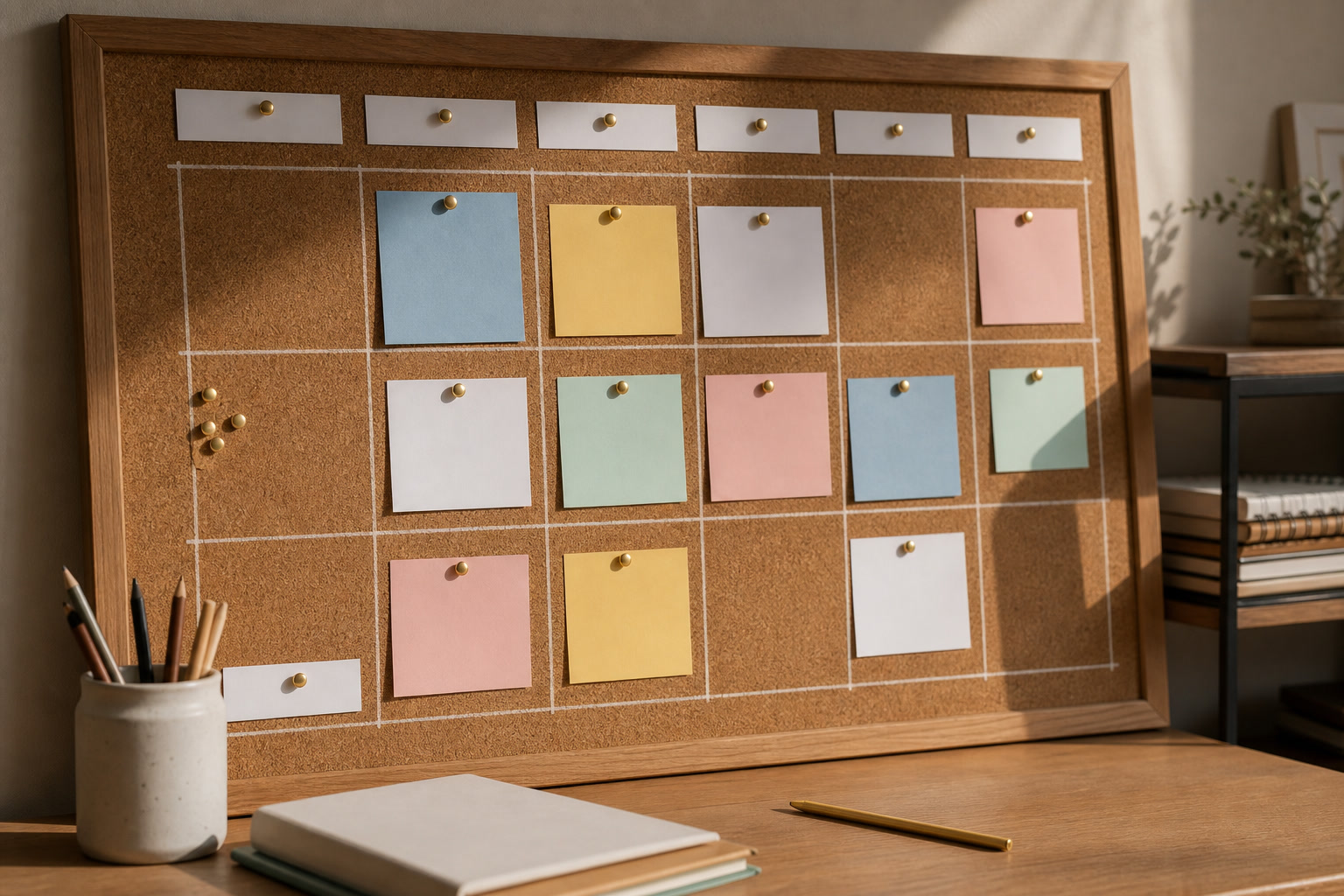 Content calendar board with editorial notes, simple status columns, and creator laptop