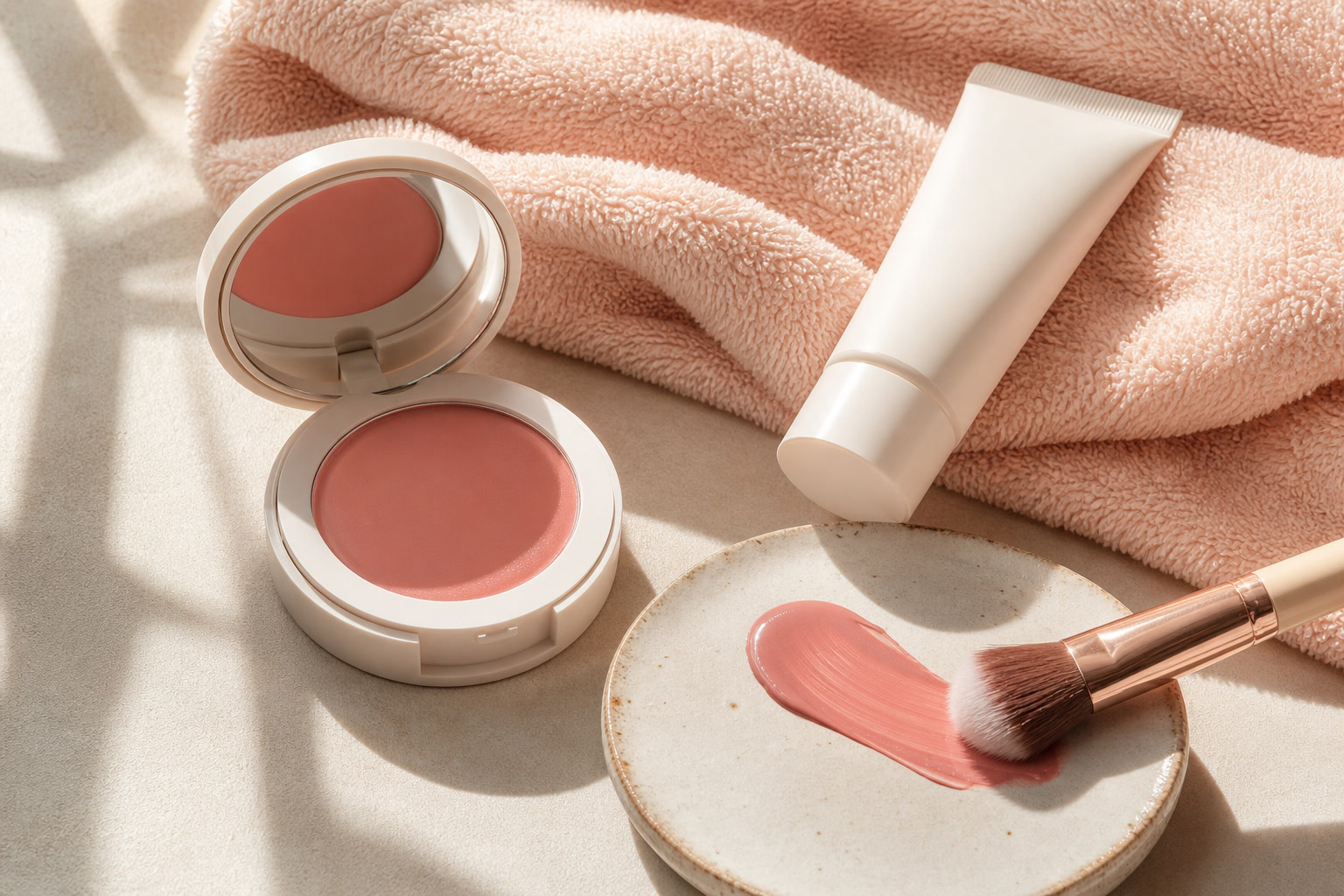 Cream blush compact with brush, swatch card, and hydrating skincare