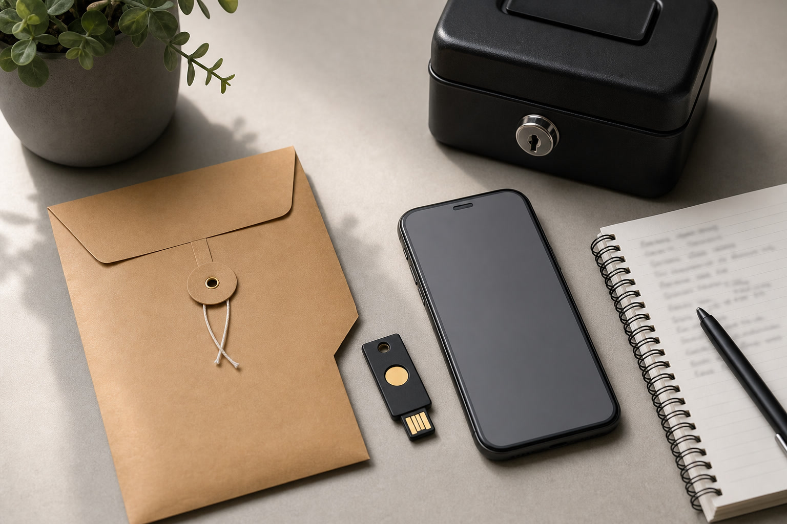 Creator account recovery checklist with backup codes envelope, devices, and emergency notes
