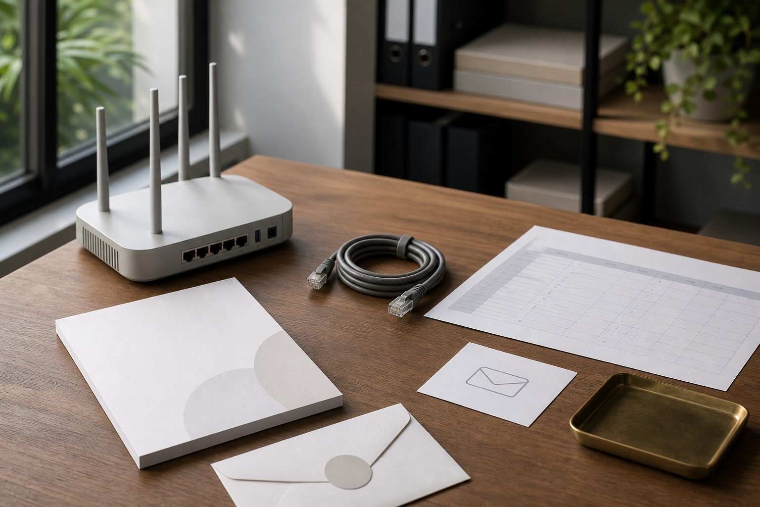 Creator email domain setup desk with DNS notes, inbox screen, and branded stationery