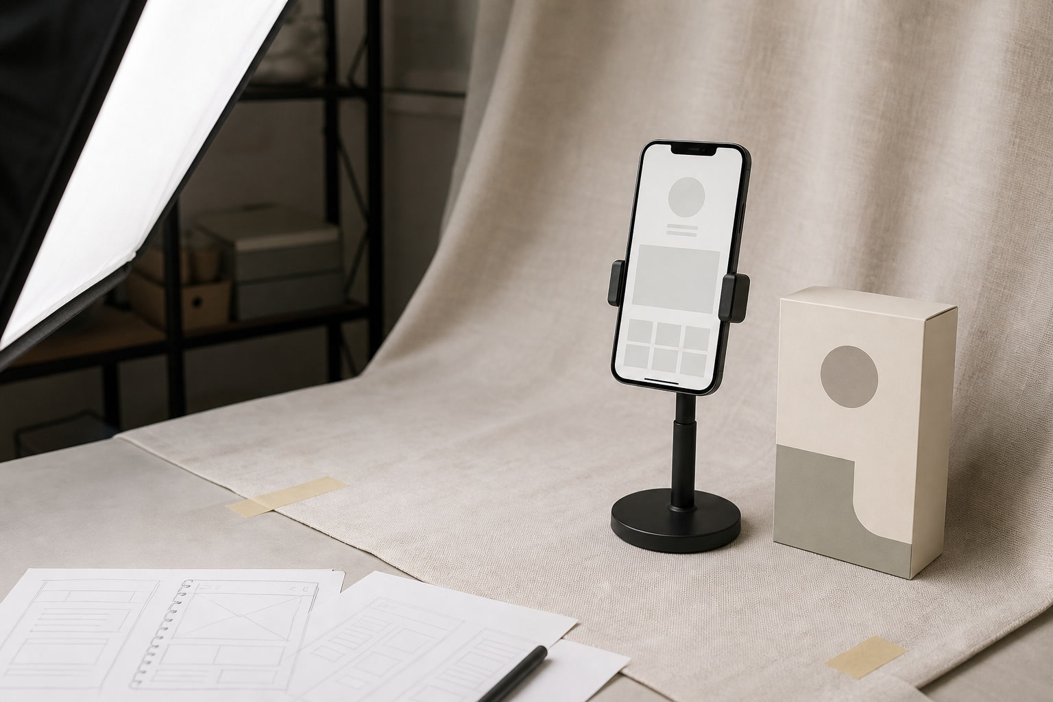 Creator landing page setup with laptop mockup, conversion notes, product card, and notebook