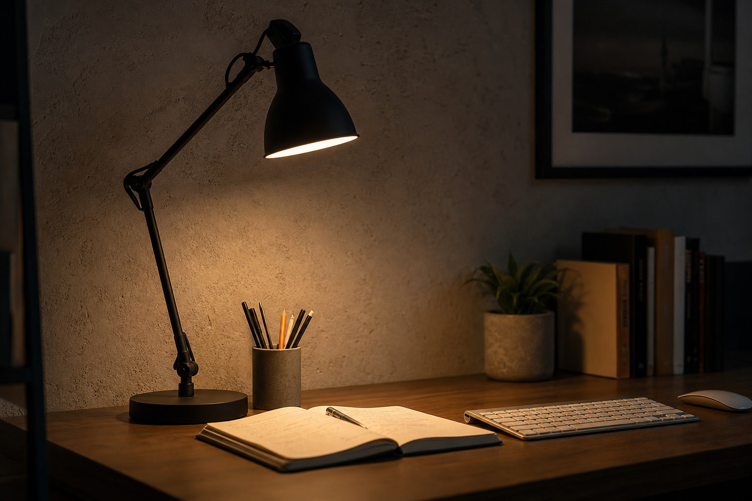 Adjustable desk lamp illuminating a notebook, keyboard, and pencil cup