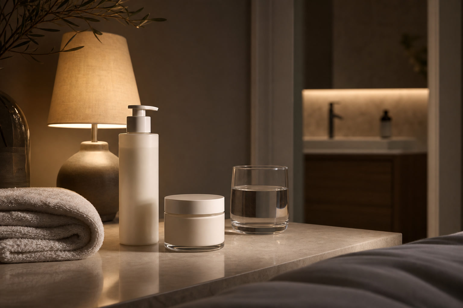 Evening skincare routine with cleanser, cream, soft towel, and bedside light