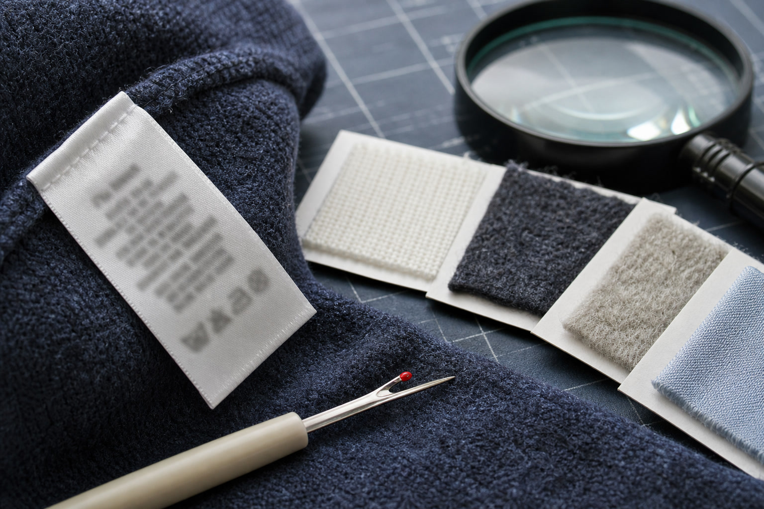 Fabric care labels with magnifier, cotton swatch, and wash symbols