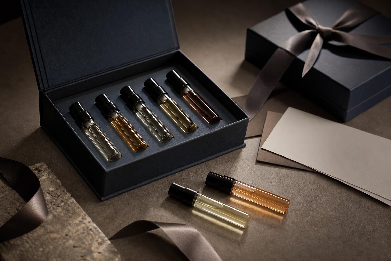 Fragrance discovery set with note cards and wrapped gift ribbon