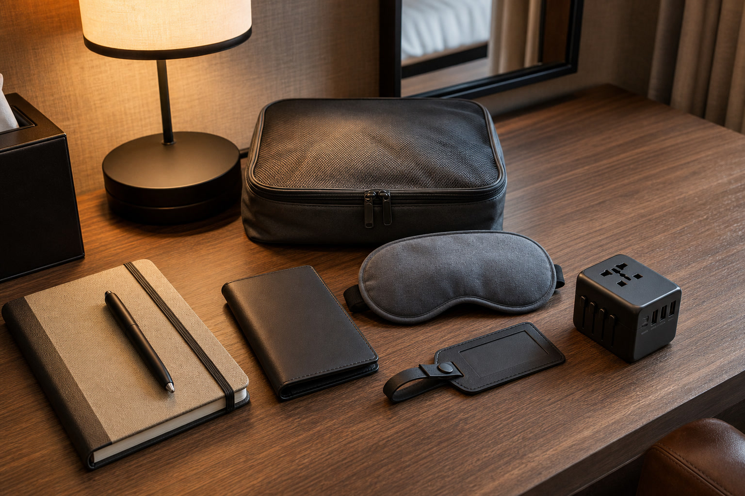 Frequent travel gifts with passport case, eye mask, charger, and luggage tag