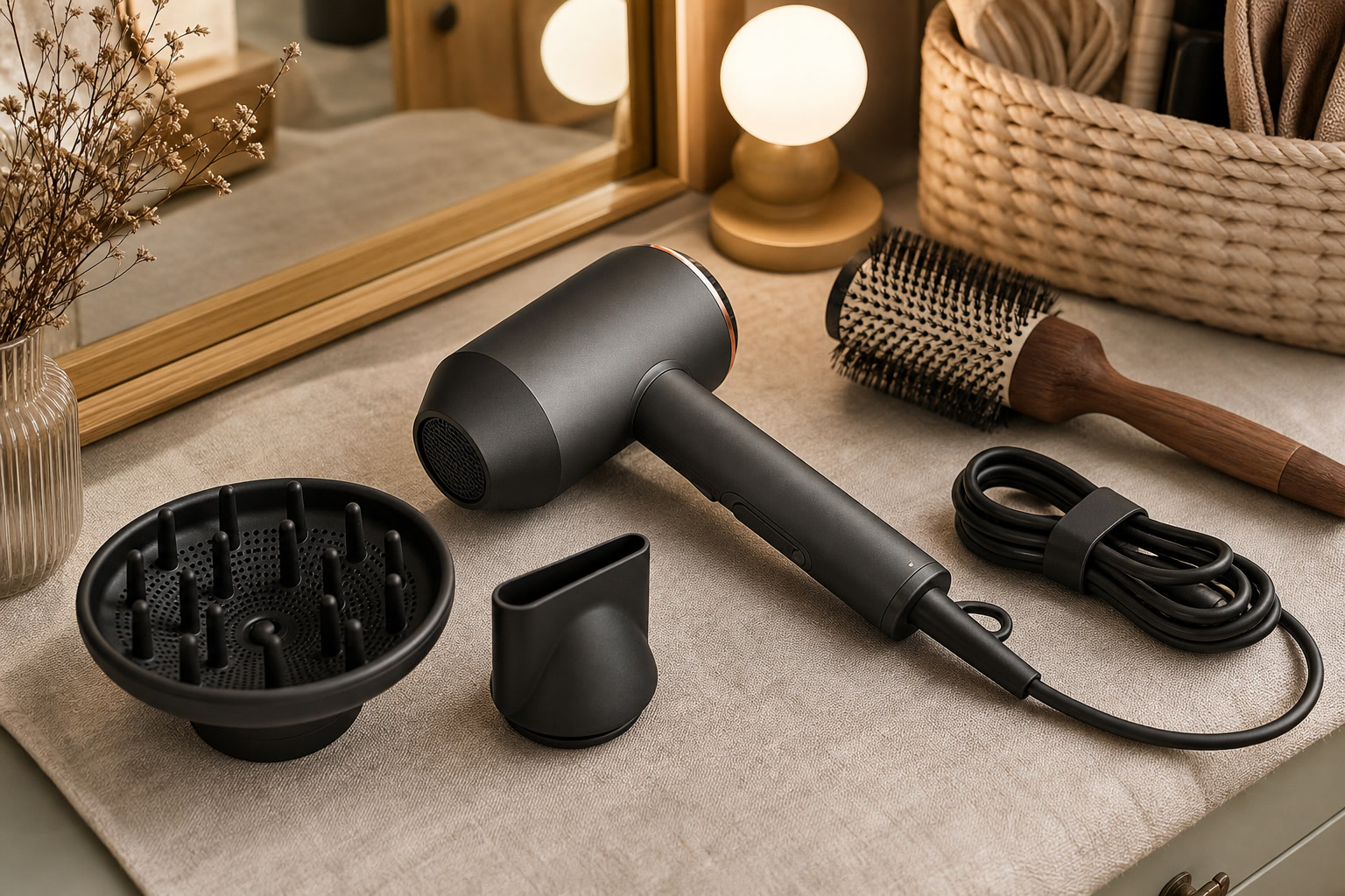 Hair dryer with diffuser, nozzle attachment, brush, and heat setting card