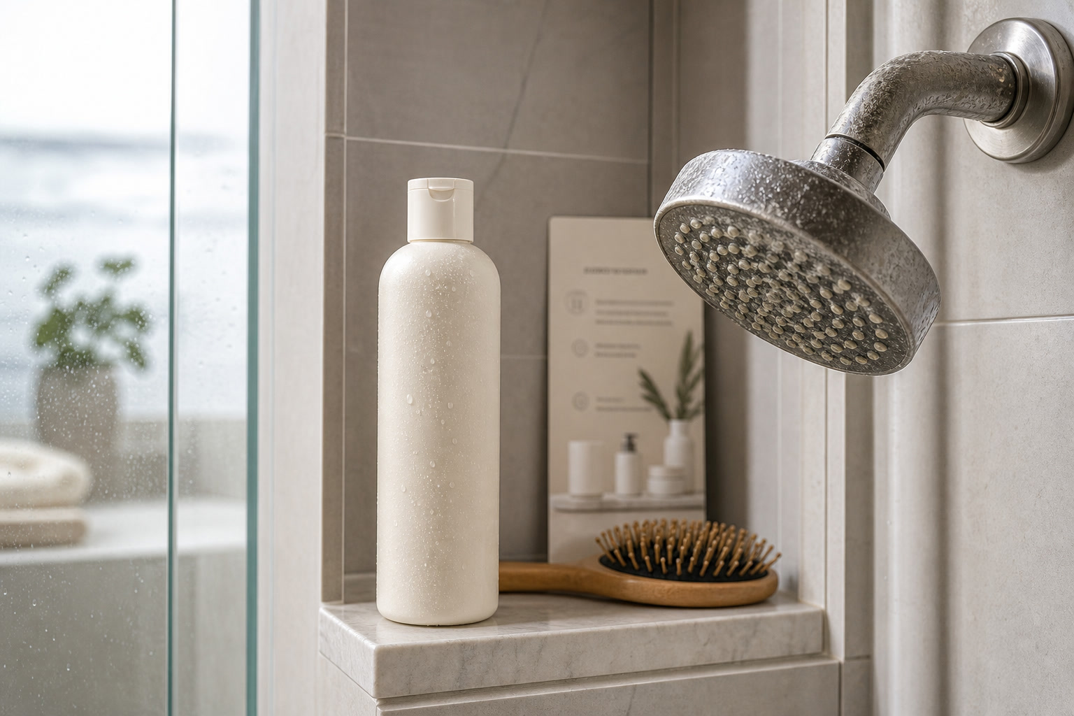 Shampoo bottle beside shower head, mineral scale note, and hair brush