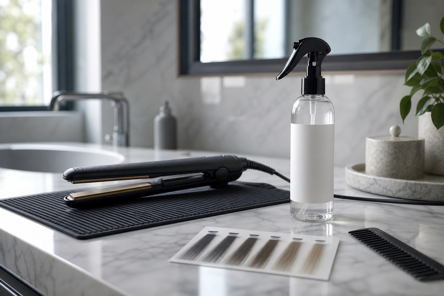Heat protectant spray beside straightener, comb, and temperature dial