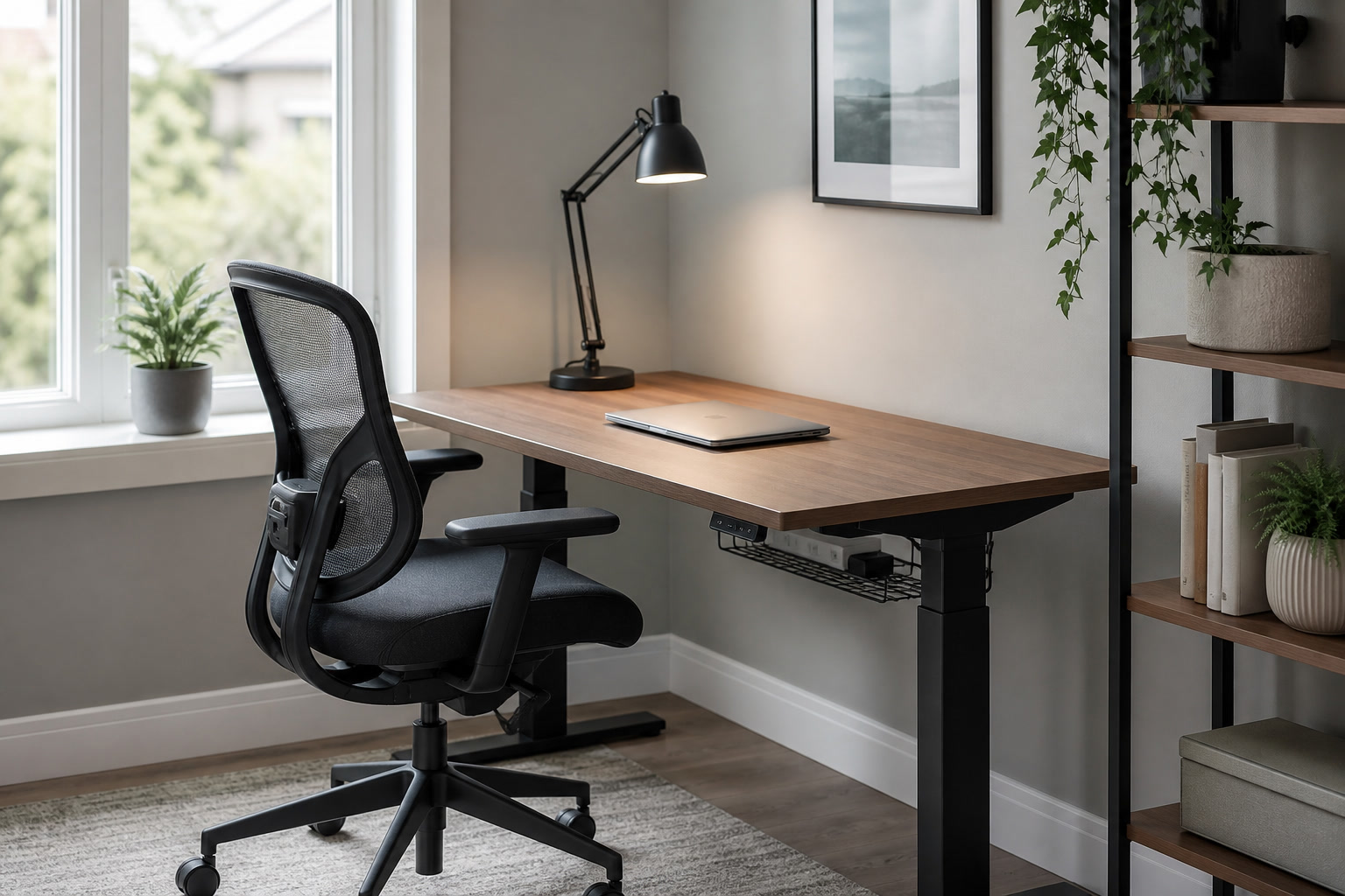 Home office corner with desk chair, lamp, laptop, and cable tray