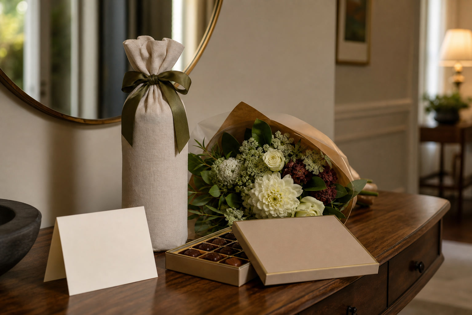 Host gift with wrapped bottle, flowers, chocolate, and handwritten note