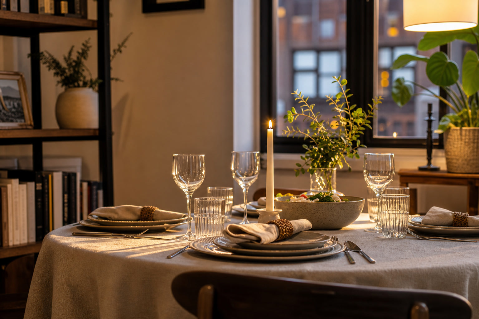 Hosting table setting with plates, linen napkins, glassware, and serving bowl