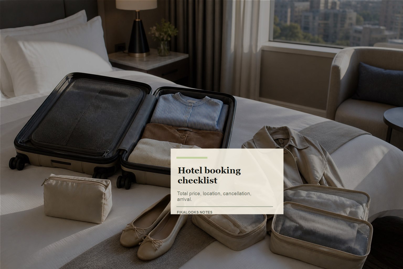 Weekend hotel planning scene with suitcase, room window, checklist card, and travel notes