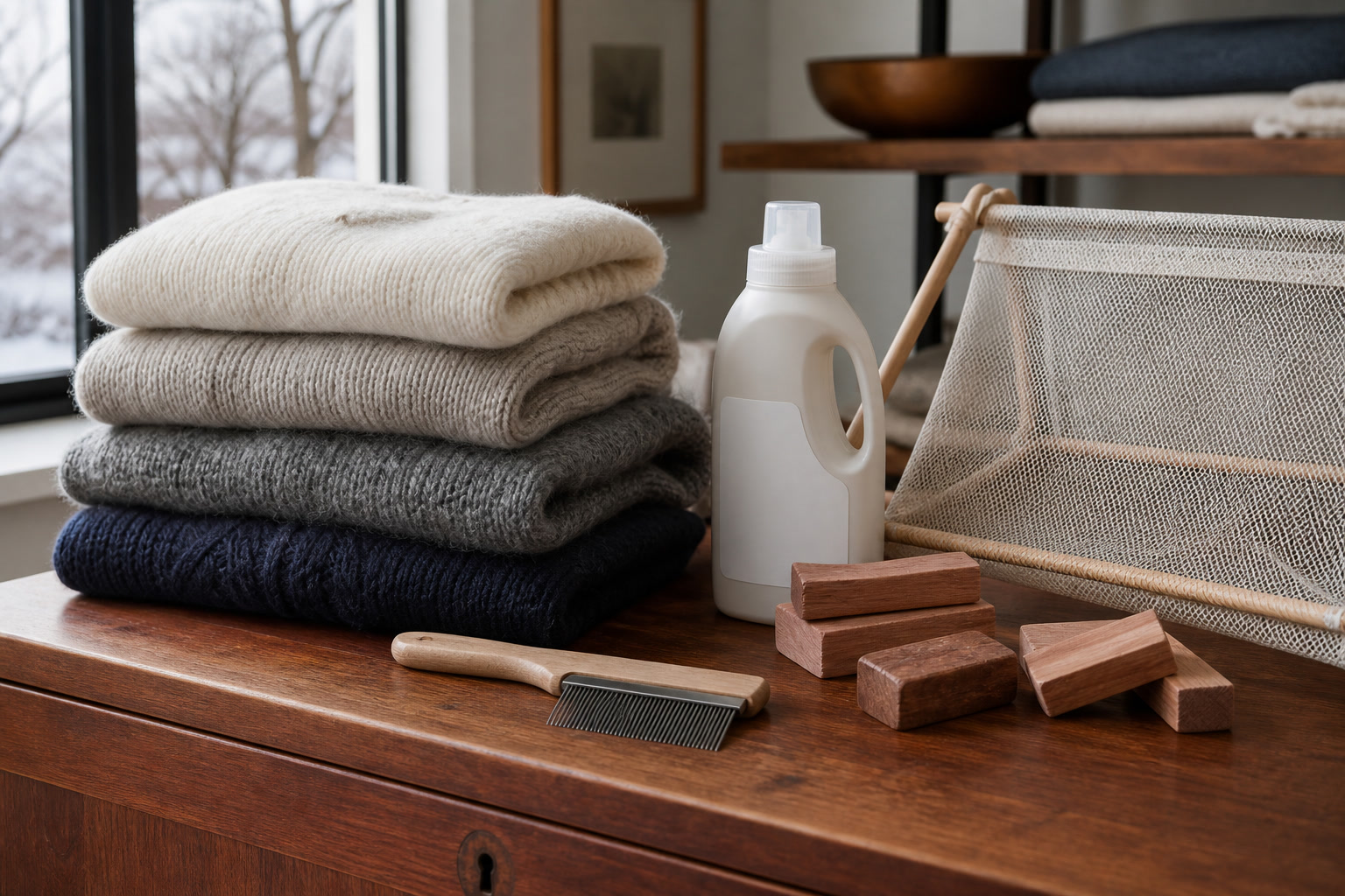 Folded knitwear with sweater comb, wool wash, and cedar block