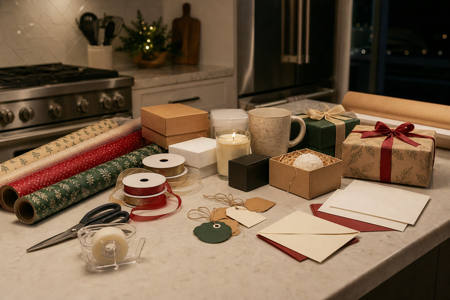 Last-minute gift station with wrapping paper, card, ribbon, and checklist