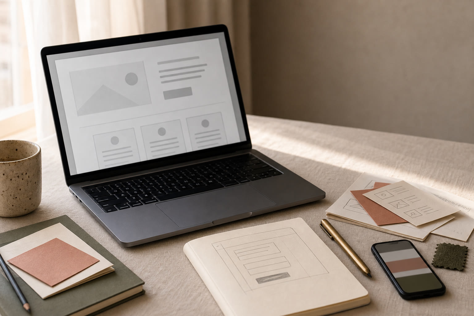 Creator landing page planning desk with laptop wireframe, signup notebook, campaign cards, and fabric swatch