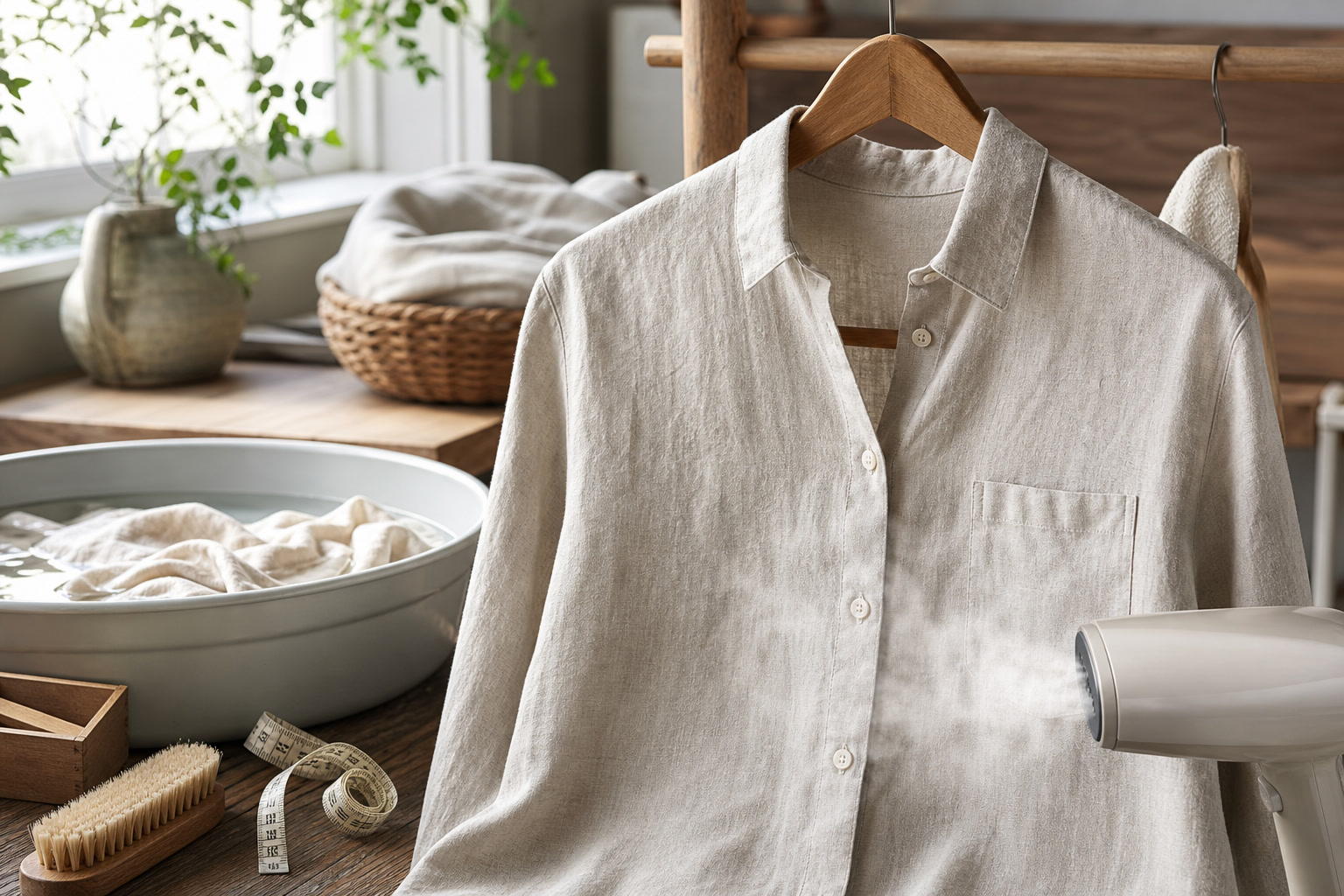 Linen shirt on a hanger beside a steamer, measuring tape, and care label