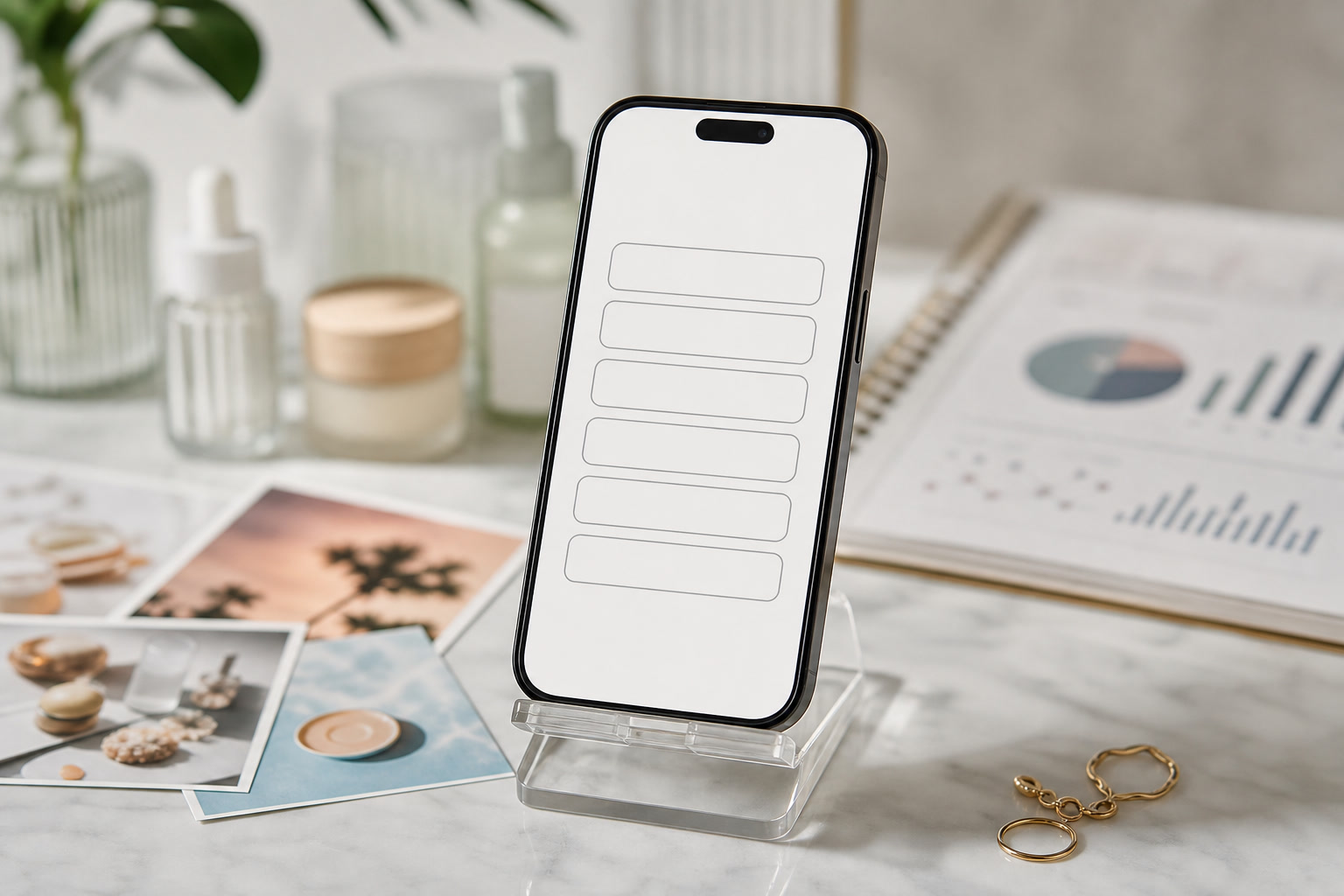 Link-in-bio planning desk with phone preview, link priority cards, and analytics notes