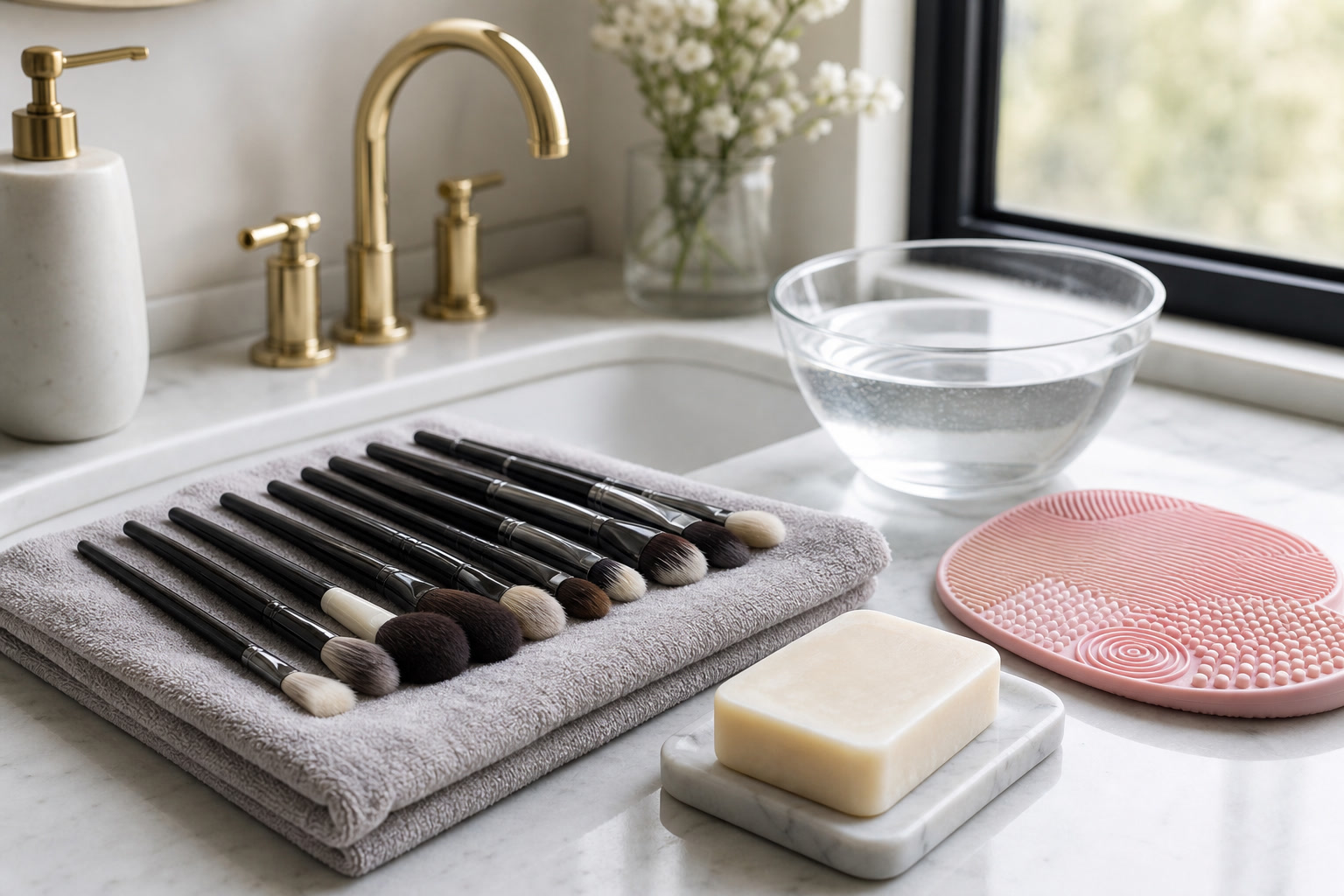 Makeup brushes drying on a towel beside soap and cleaning mat