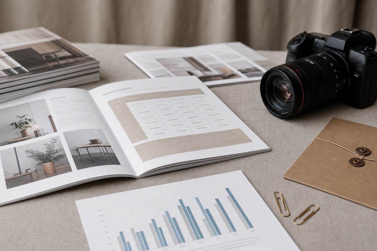Independent publisher media kit desk with analytics printout, rate card, and brand samples