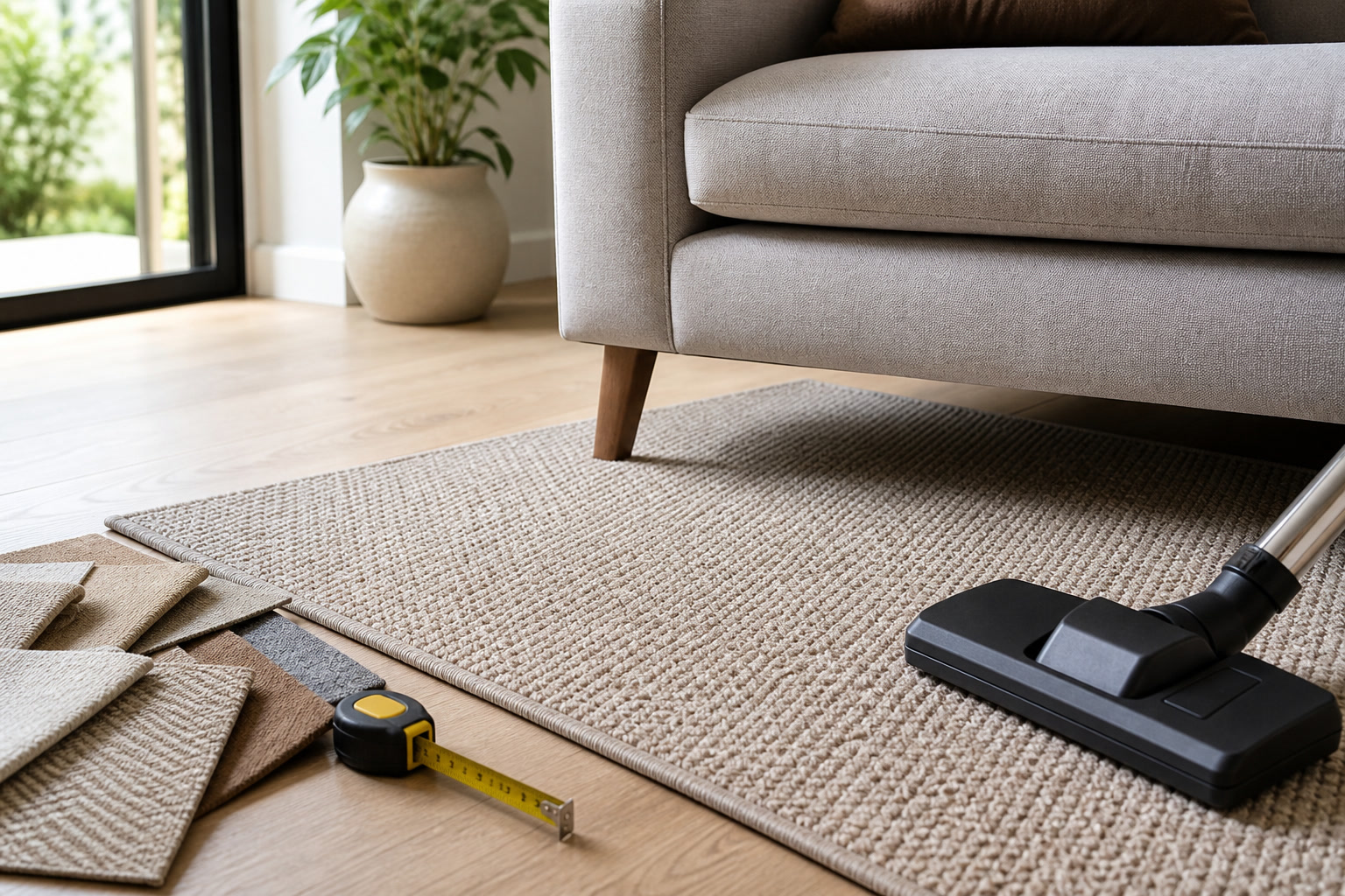 Neutral rug sample with sofa leg, vacuum head, and fabric swatches