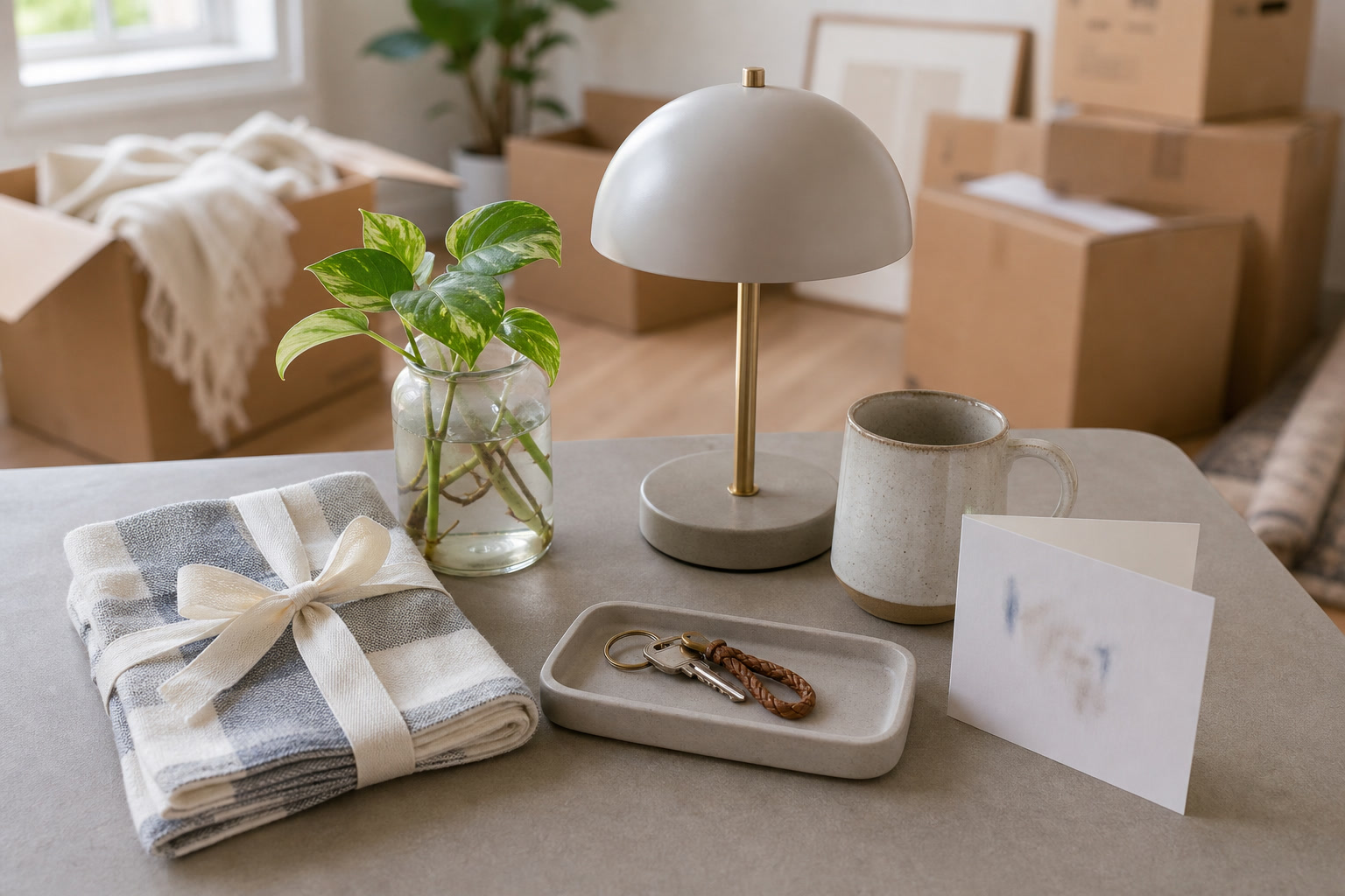 New flat gift box with tea towel, candle, key tray, and card