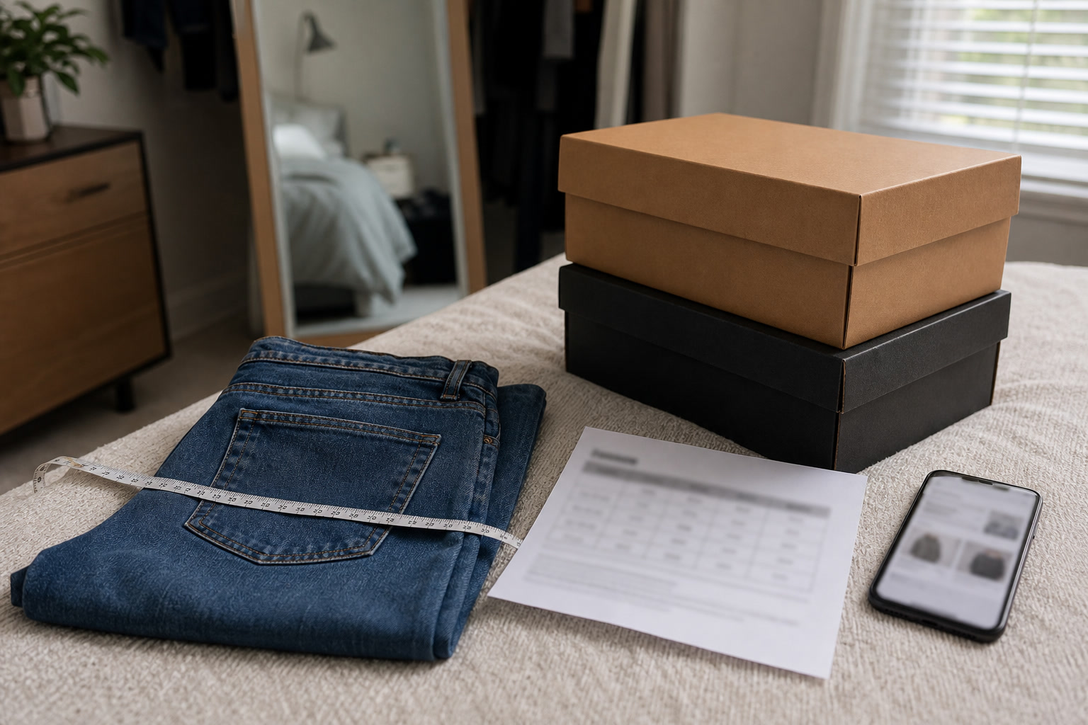 Online fit risk notes with laptop size chart, measuring tape, and garment