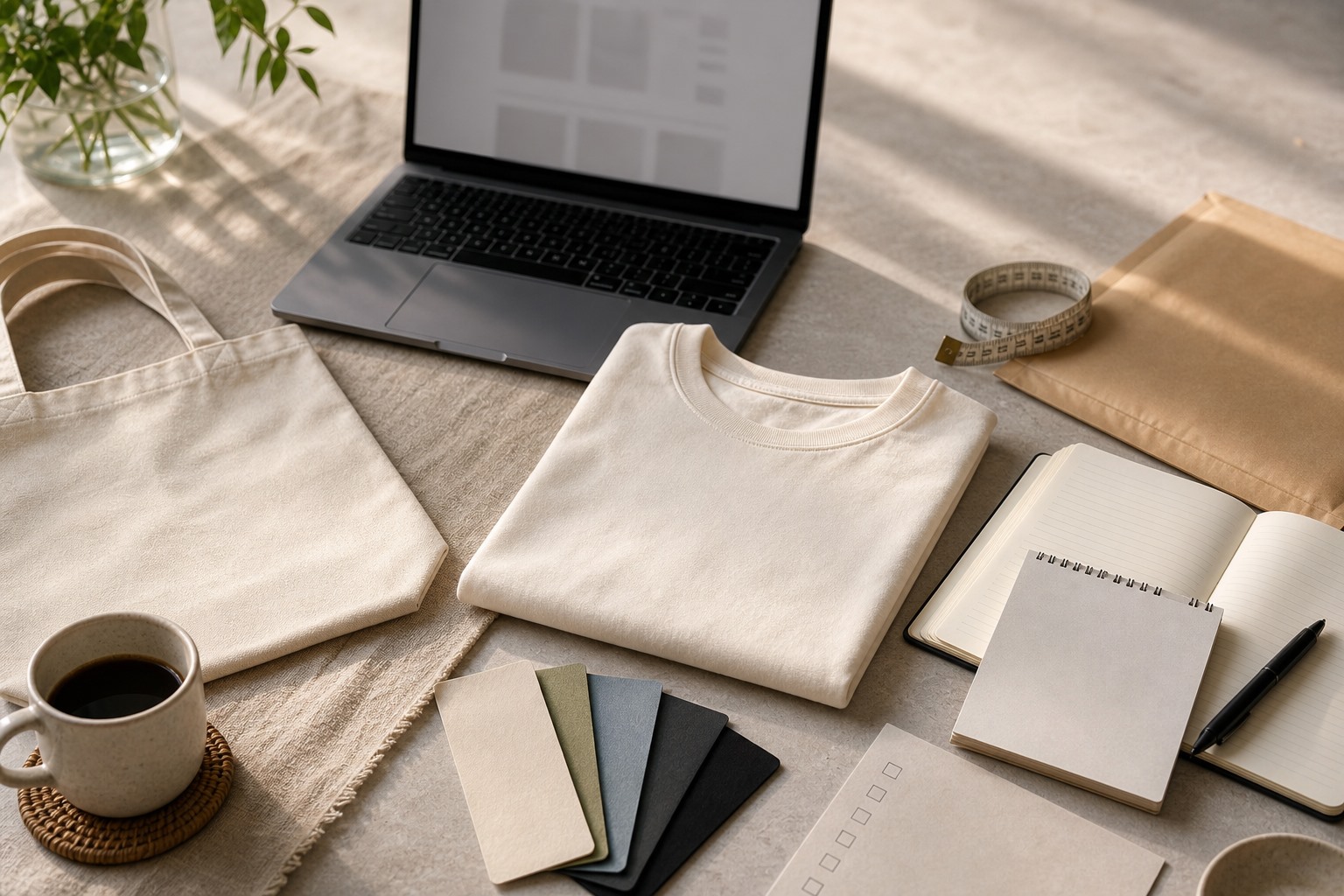 Creator merch planning desk with blank shirt, tote, laptop, margin notes, shipping checklist, and fabric swatches