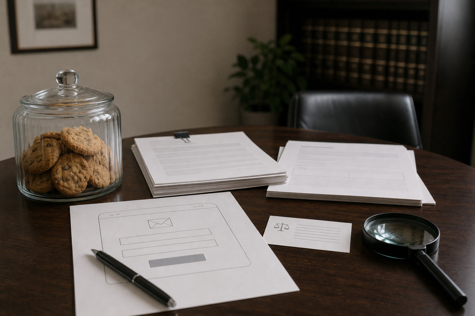 Privacy policy review desk with cookie notes, newsletter form checklist, and legal document