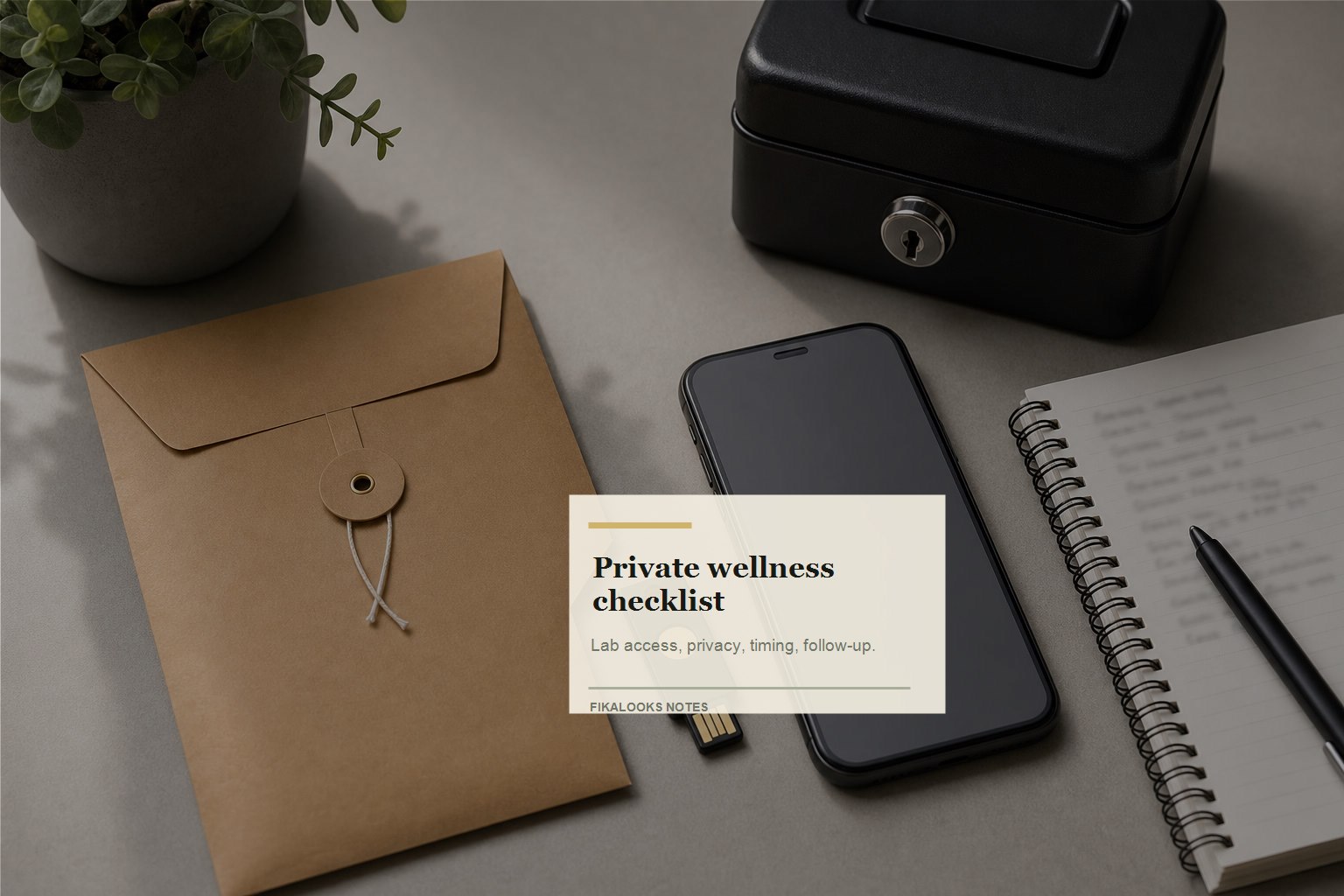 Private wellness planning desk with sealed envelope, phone, notebook, plant, and checklist card