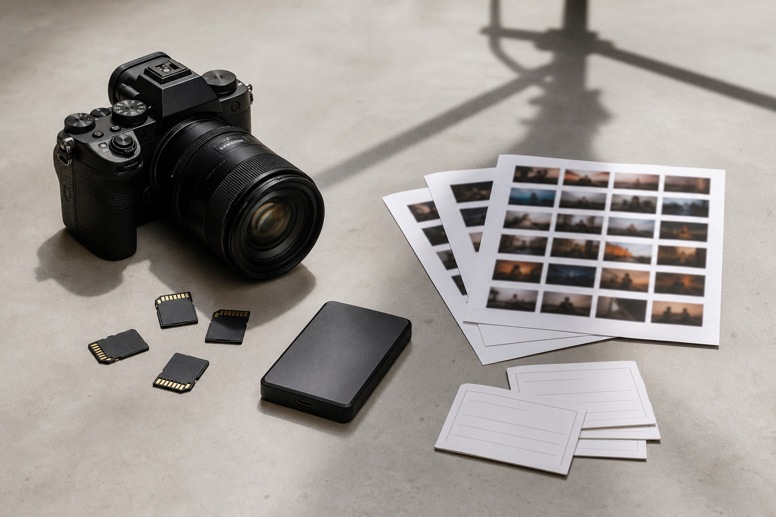 Product photo file workflow with camera card, image folders, laptop, and backup drive