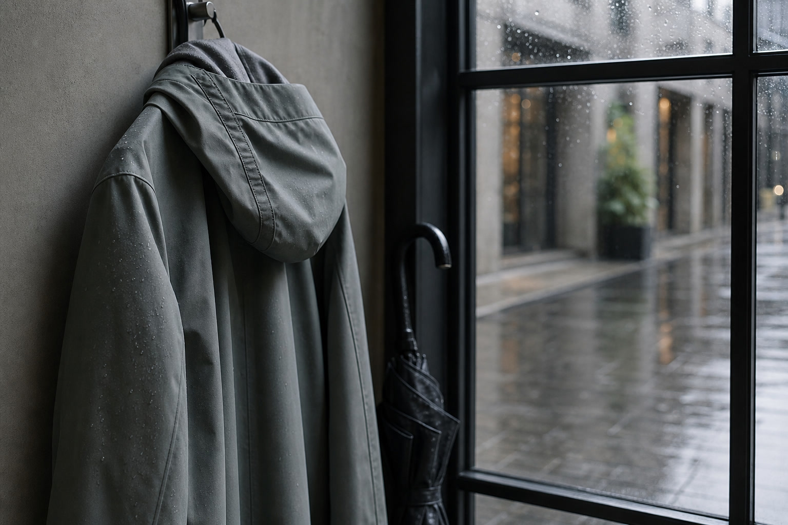 Raincoat with umbrella, wet pavement reflection, and seam detail