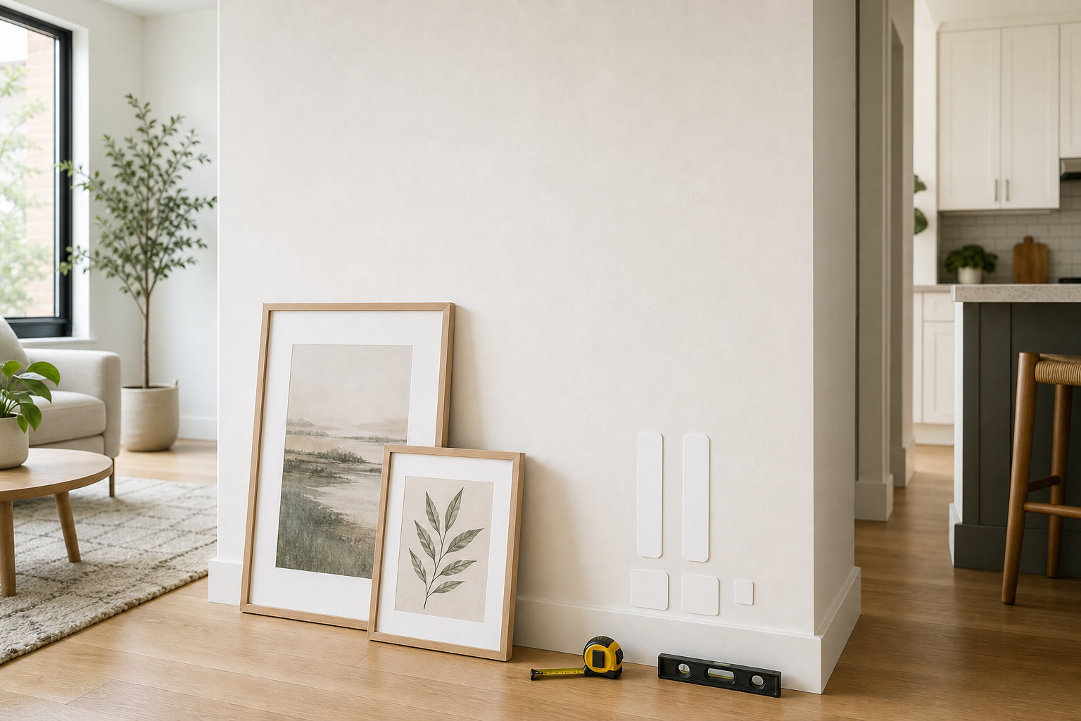Rental-friendly framed art leaning on a wall with removable hooks