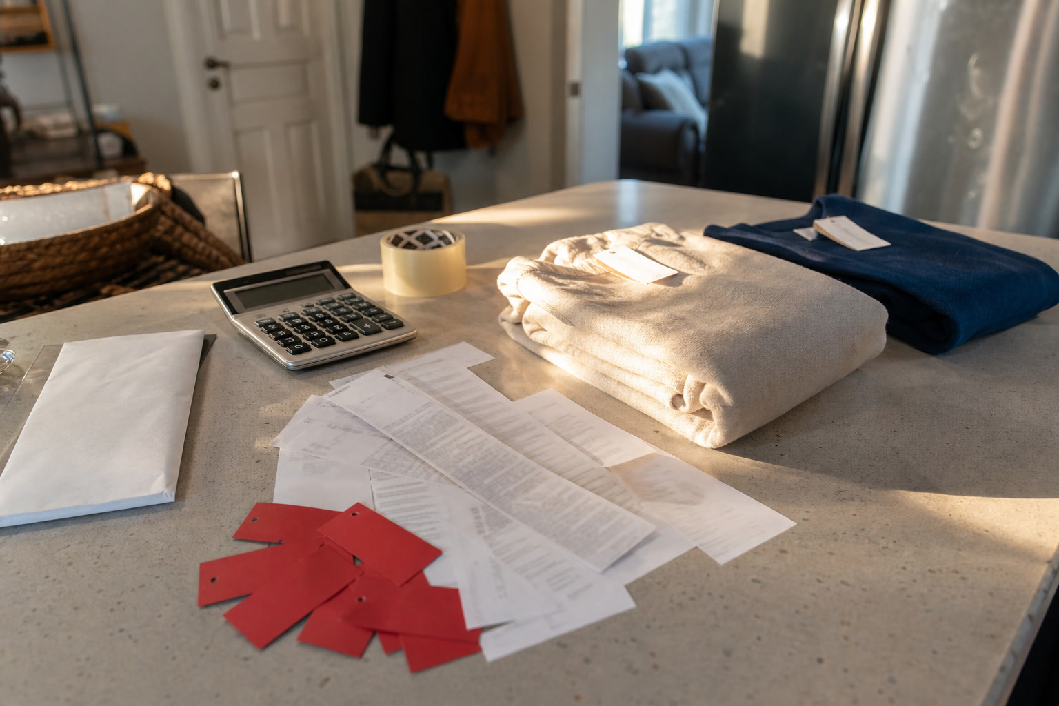 Sale shopping plan with price tags, calculator, and return policy note
