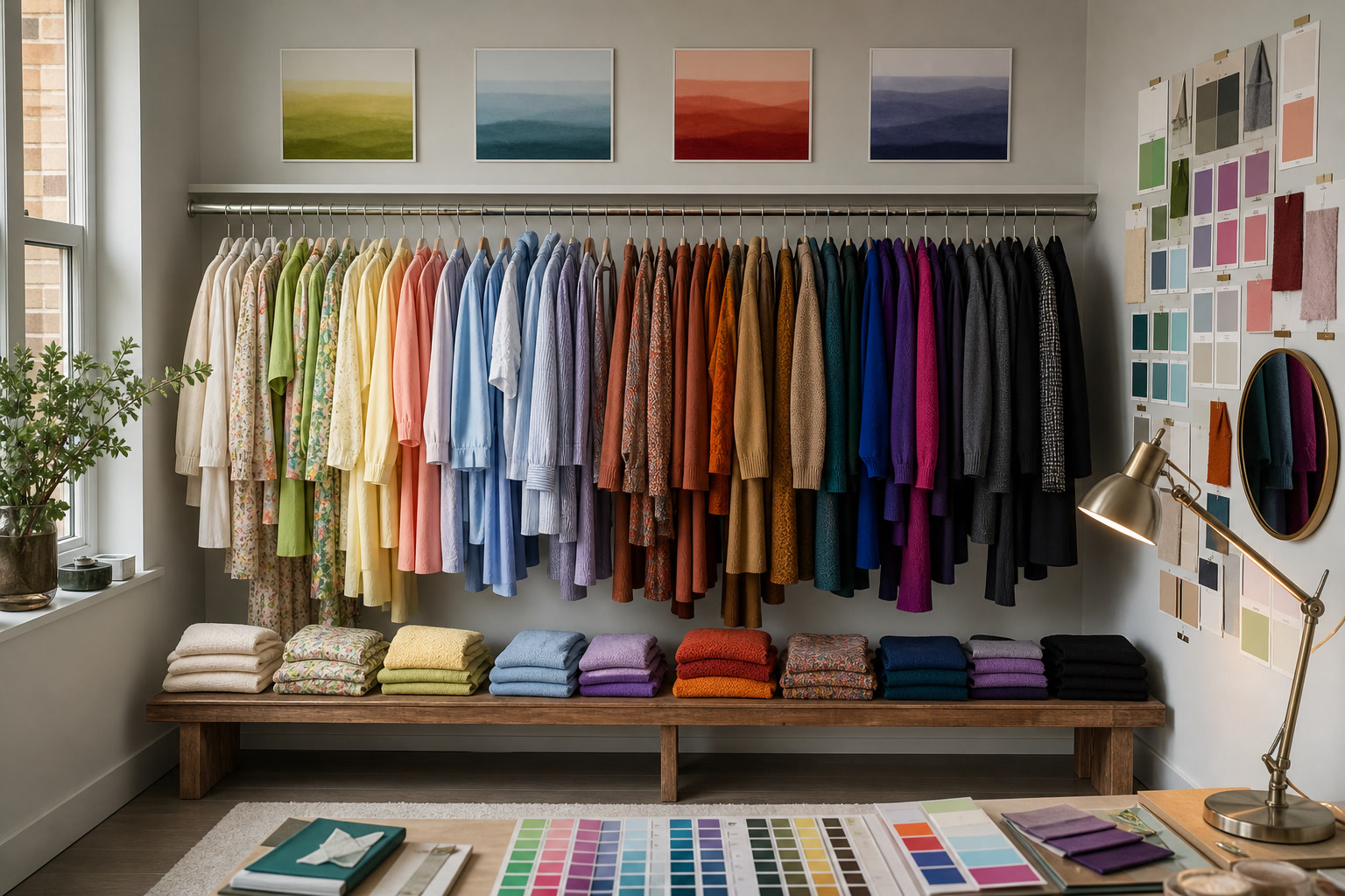 Seasonal colour cards with wardrobe swatches and outfit planning notes