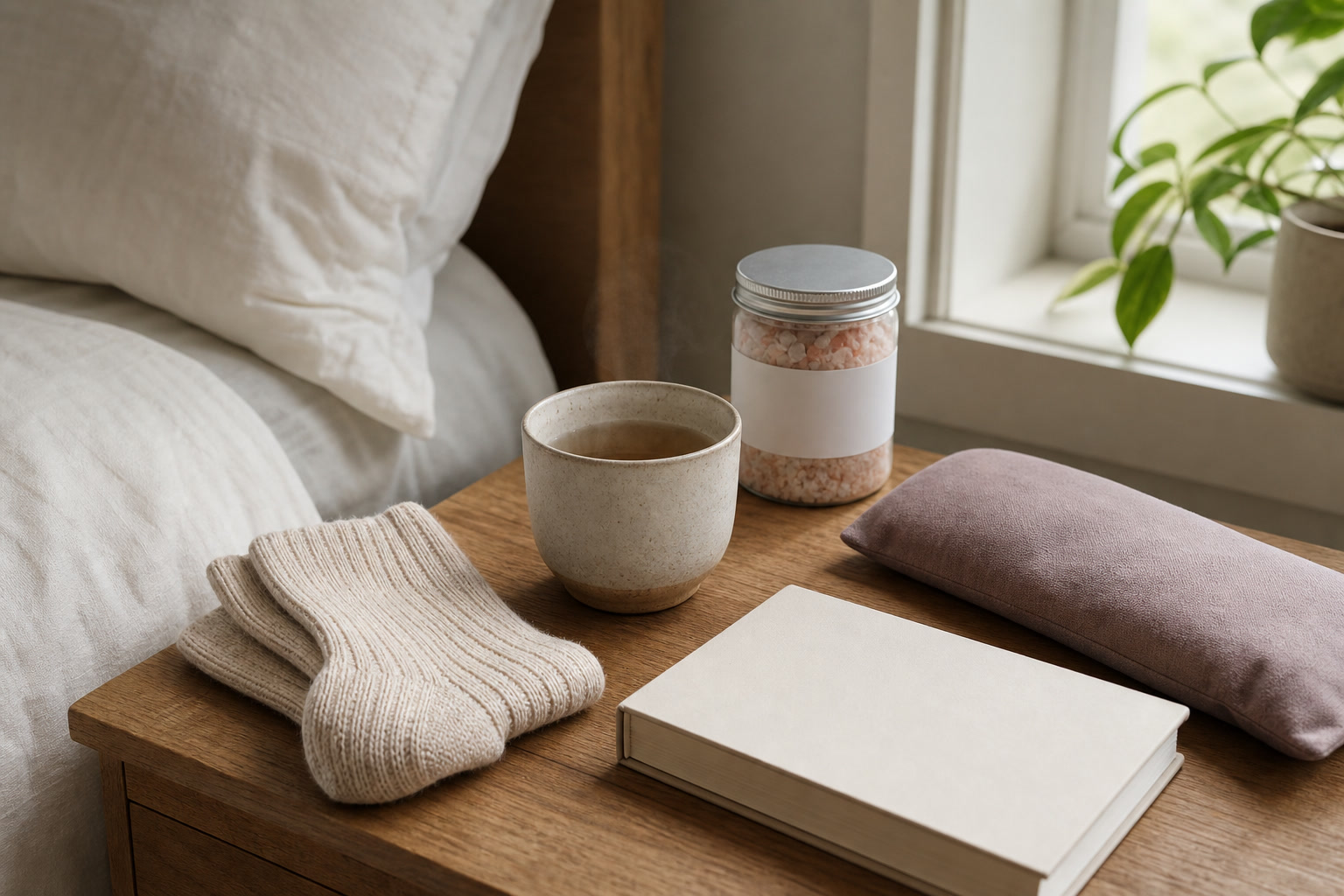 Self-care gift set with bath soak, soft socks, tea, and reading note