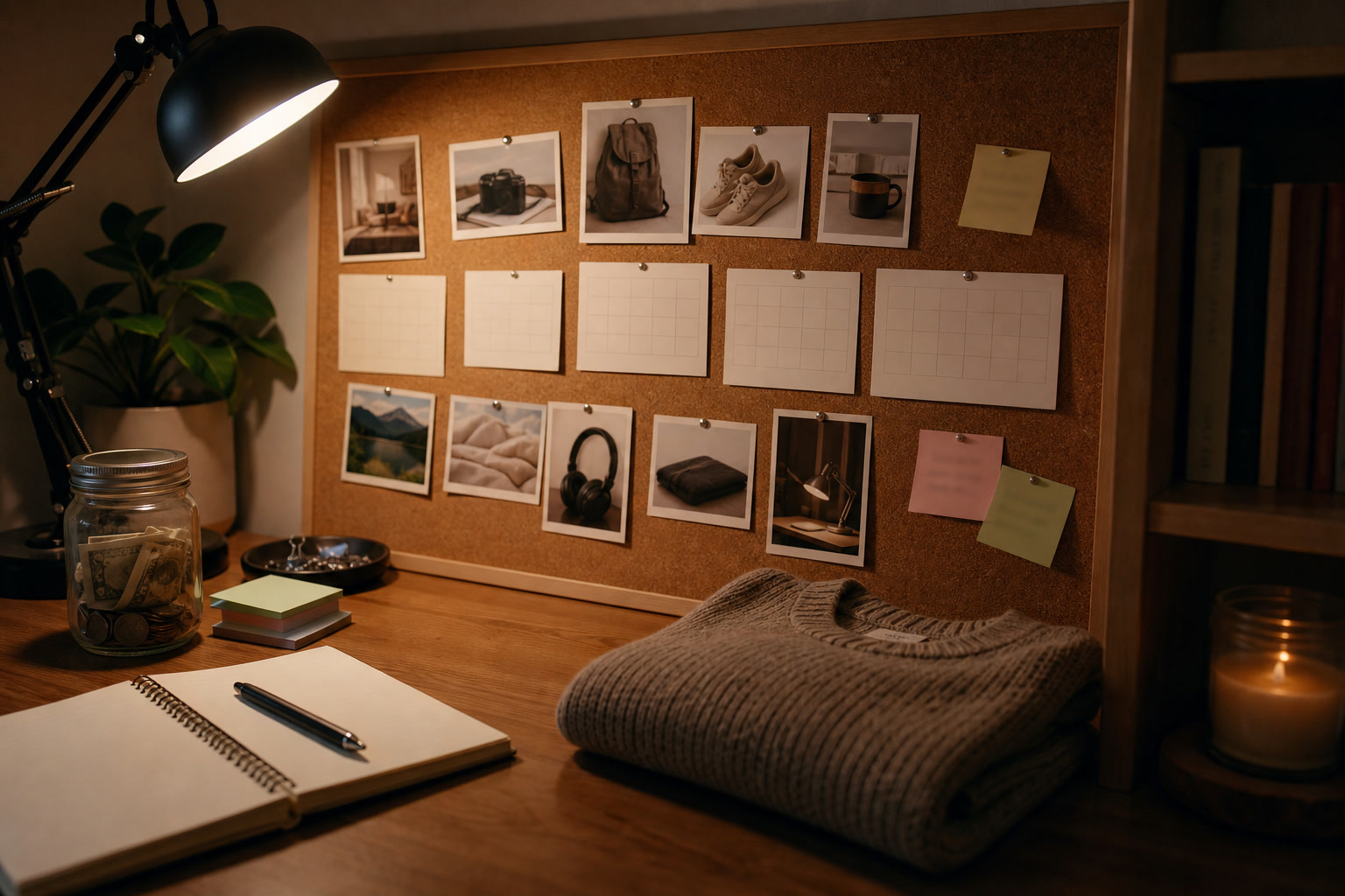 Shopping wishlist notebook with dated entries, product cards, and pause timer