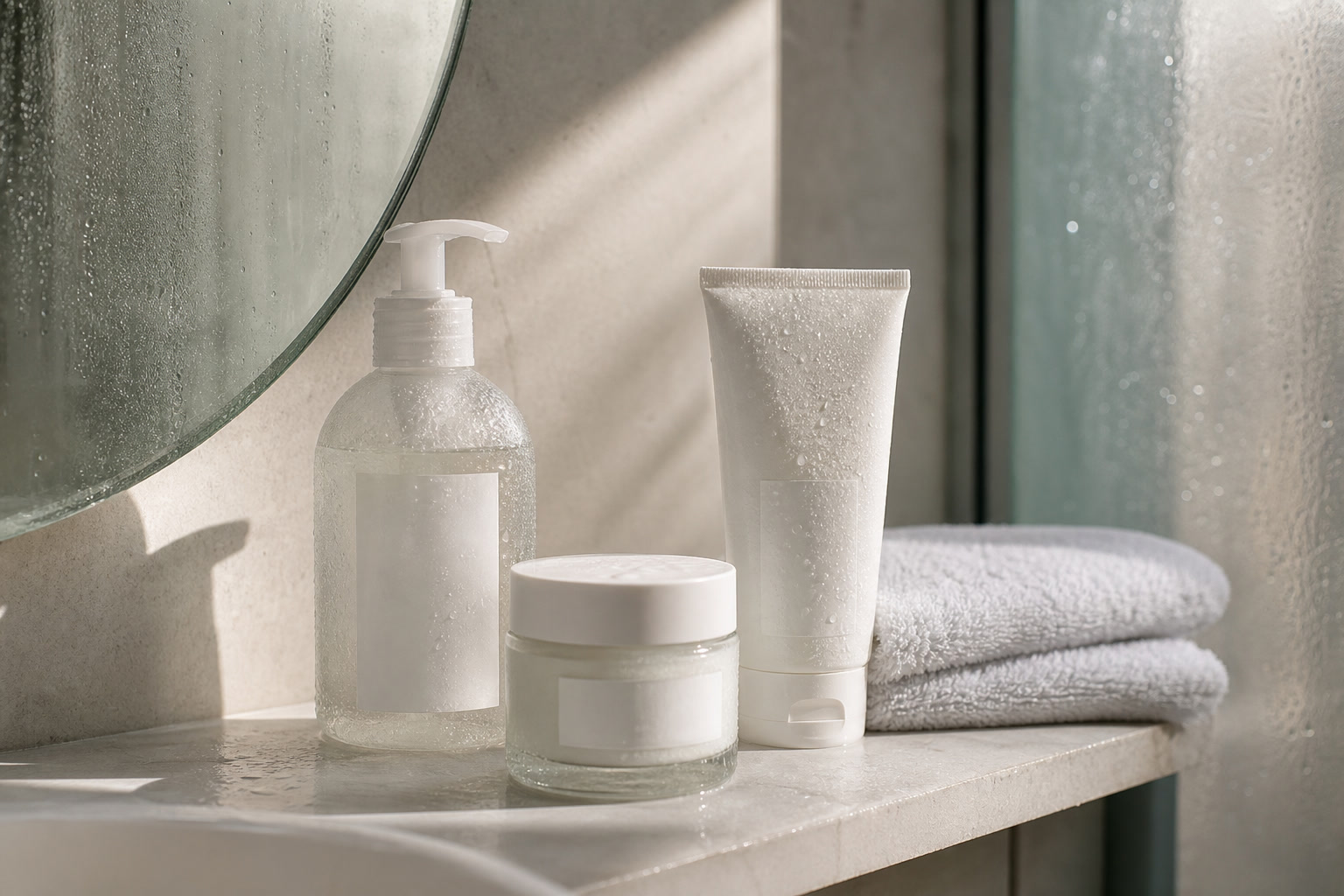 Morning skincare bottles beside a towel, mirror, and simple routine card