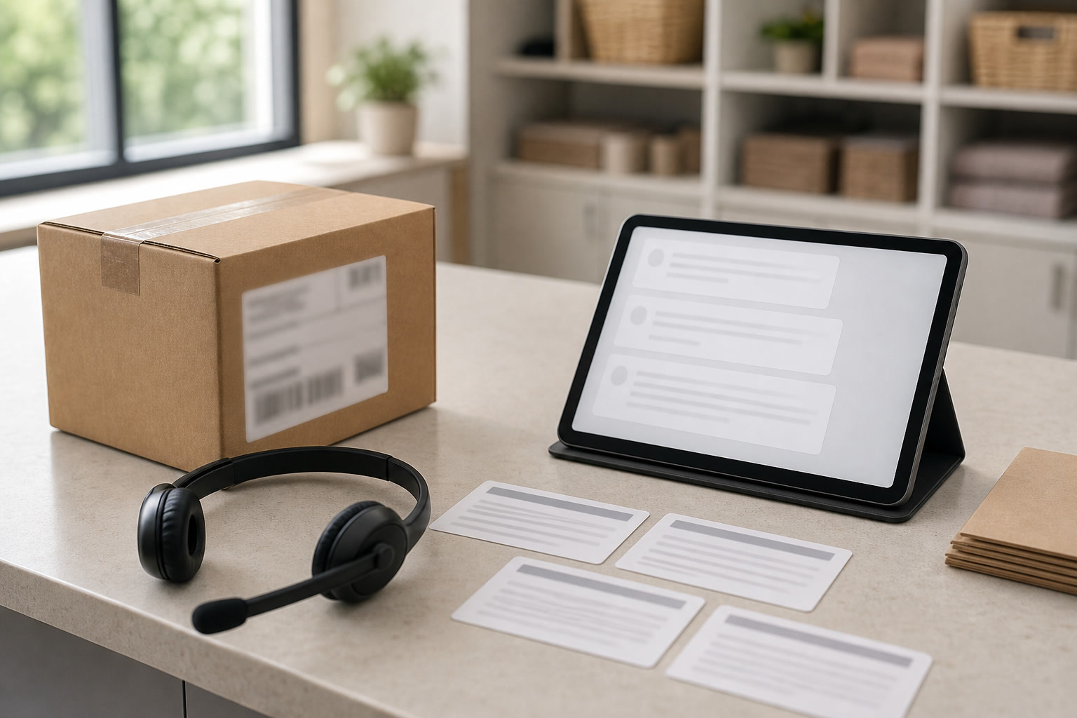 Small brand support inbox setup with laptop, response templates, order note, and help desk tags