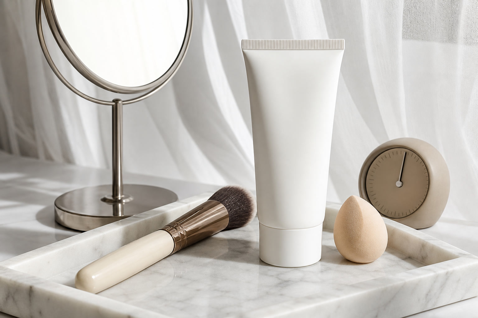 SPF tube beside foundation brush, mirror, and makeup sponge
