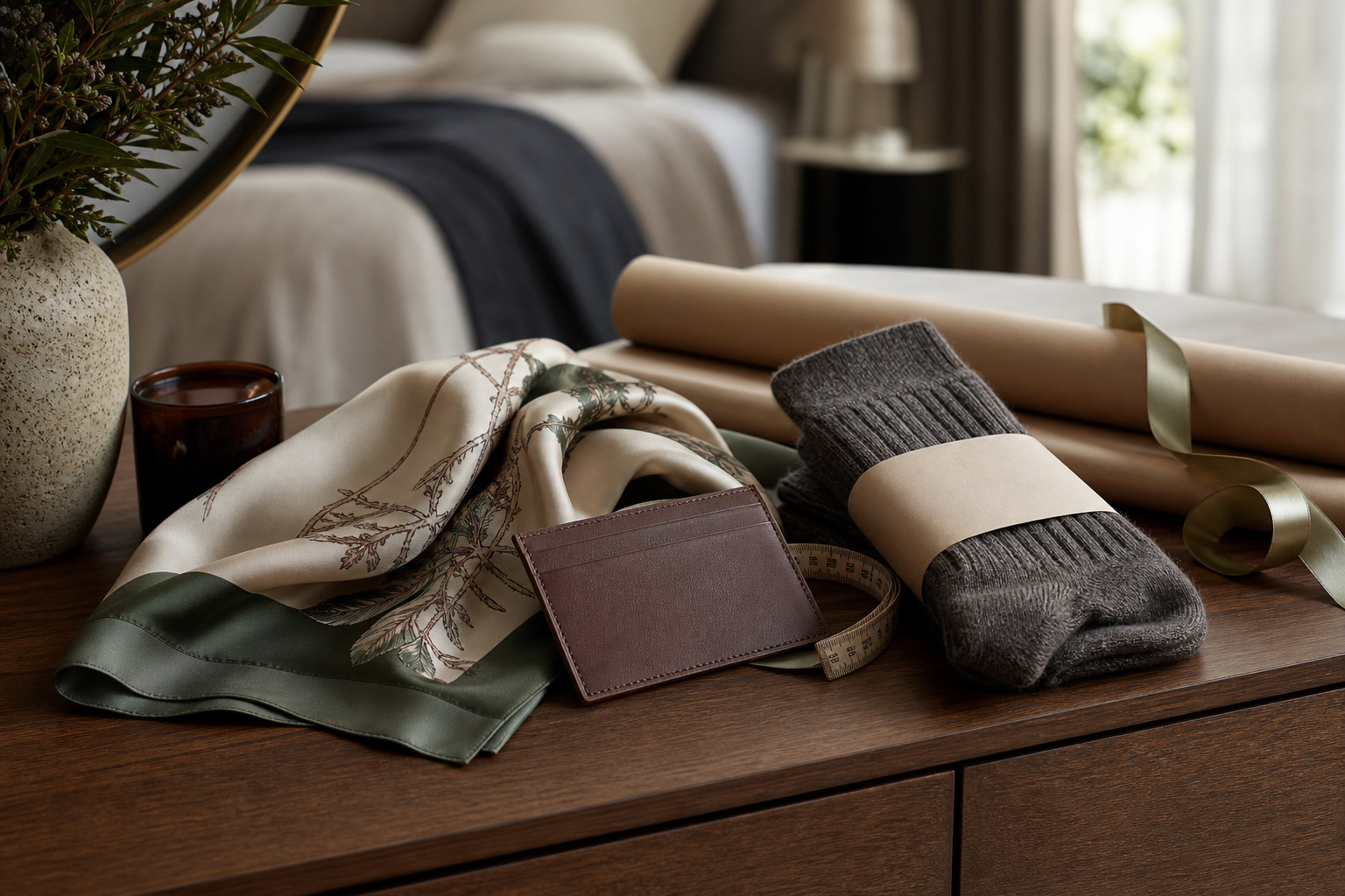 Style gift options with scarf, leather cardholder, and size note