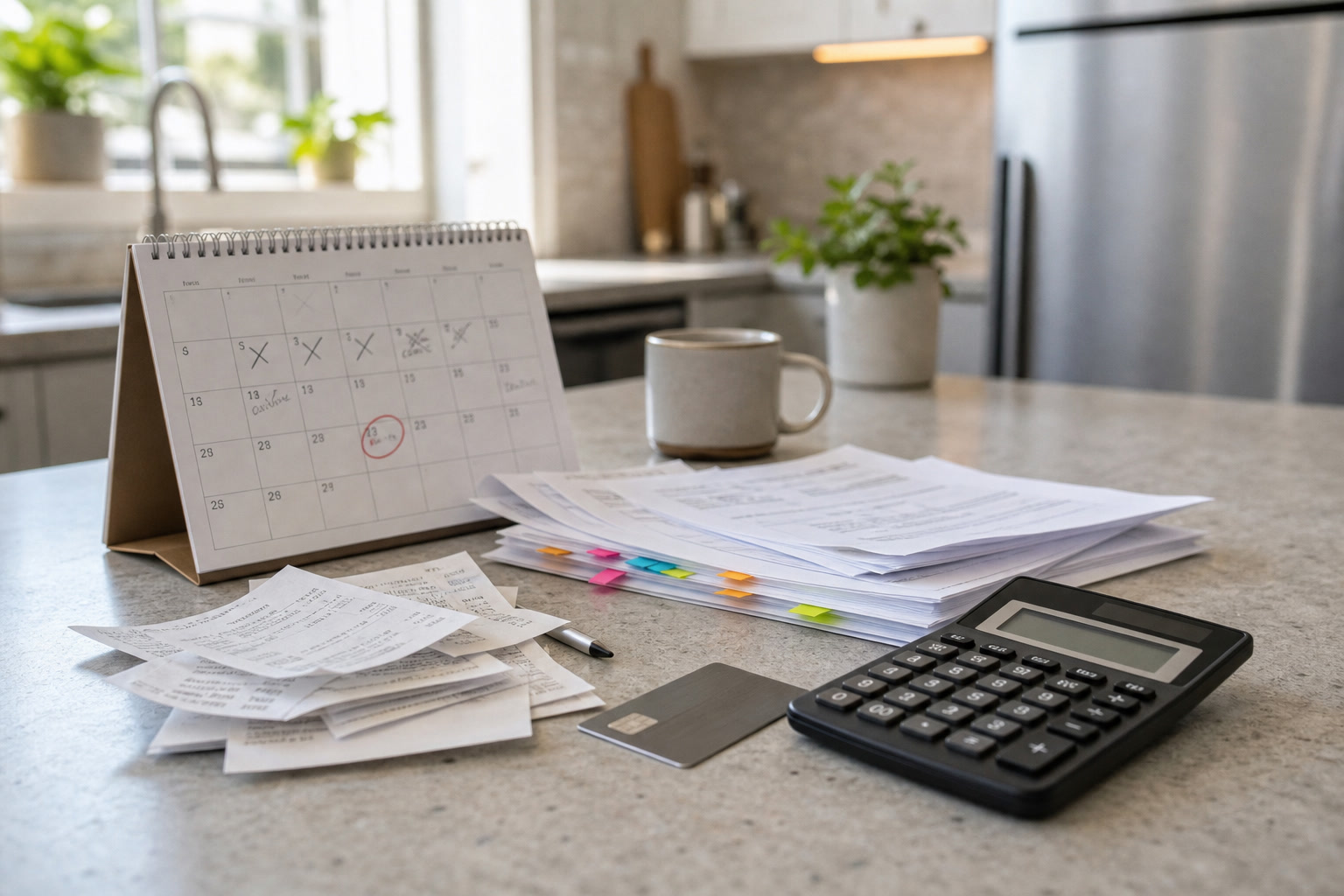 Creator subscription audit with billing receipts, software list, calculator, and cancellation calendar