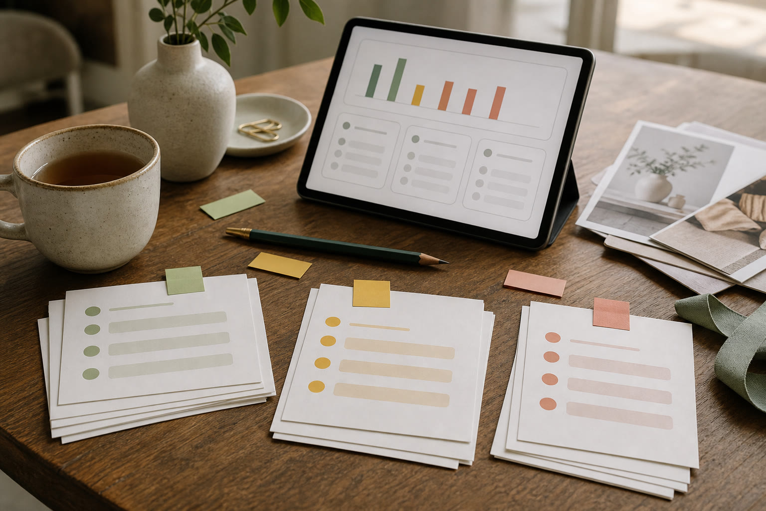 Audience research desk with survey cards, tablet charts, sticky tabs, tea, and lifestyle reference photos
