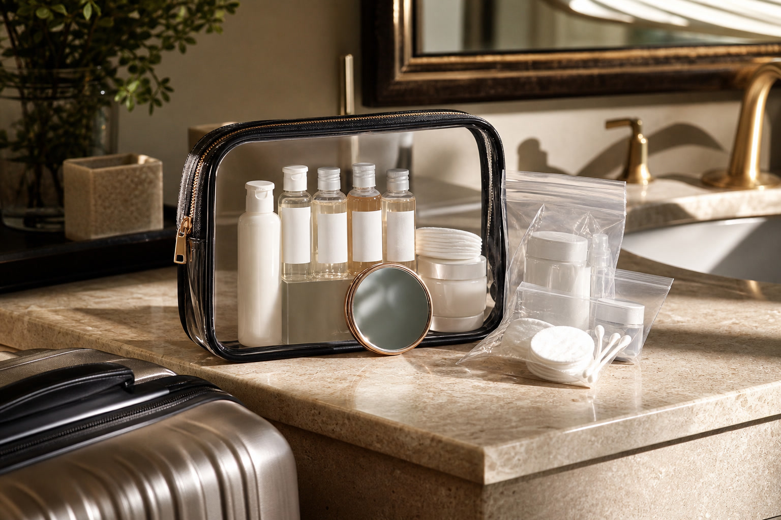 Travel beauty bag with mini bottles, zip pouch, and carry-on checklist
