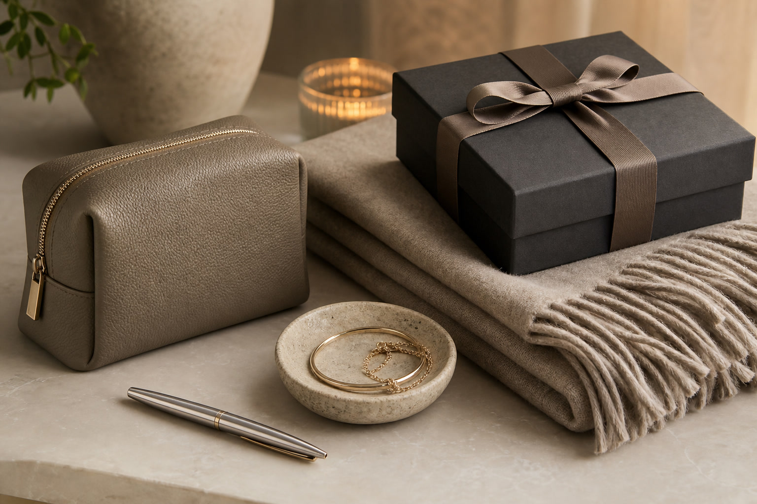 Useful luxury gift edit with leather pouch, wool throw, and simple ribbon