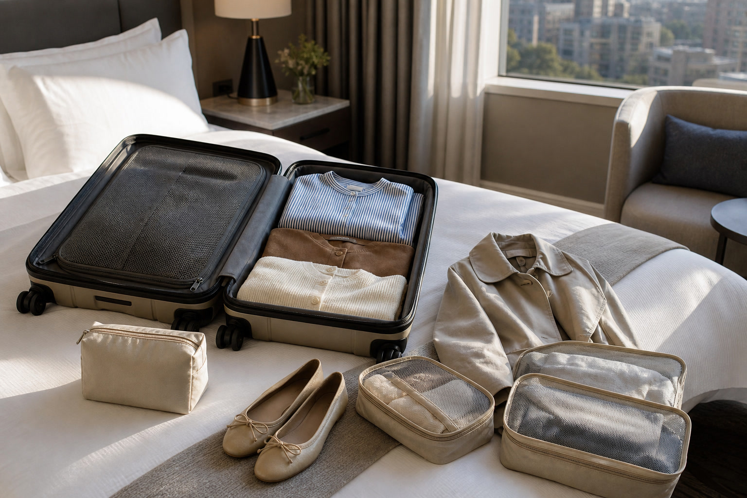 Weekend travel capsule laid beside a small suitcase and packing list