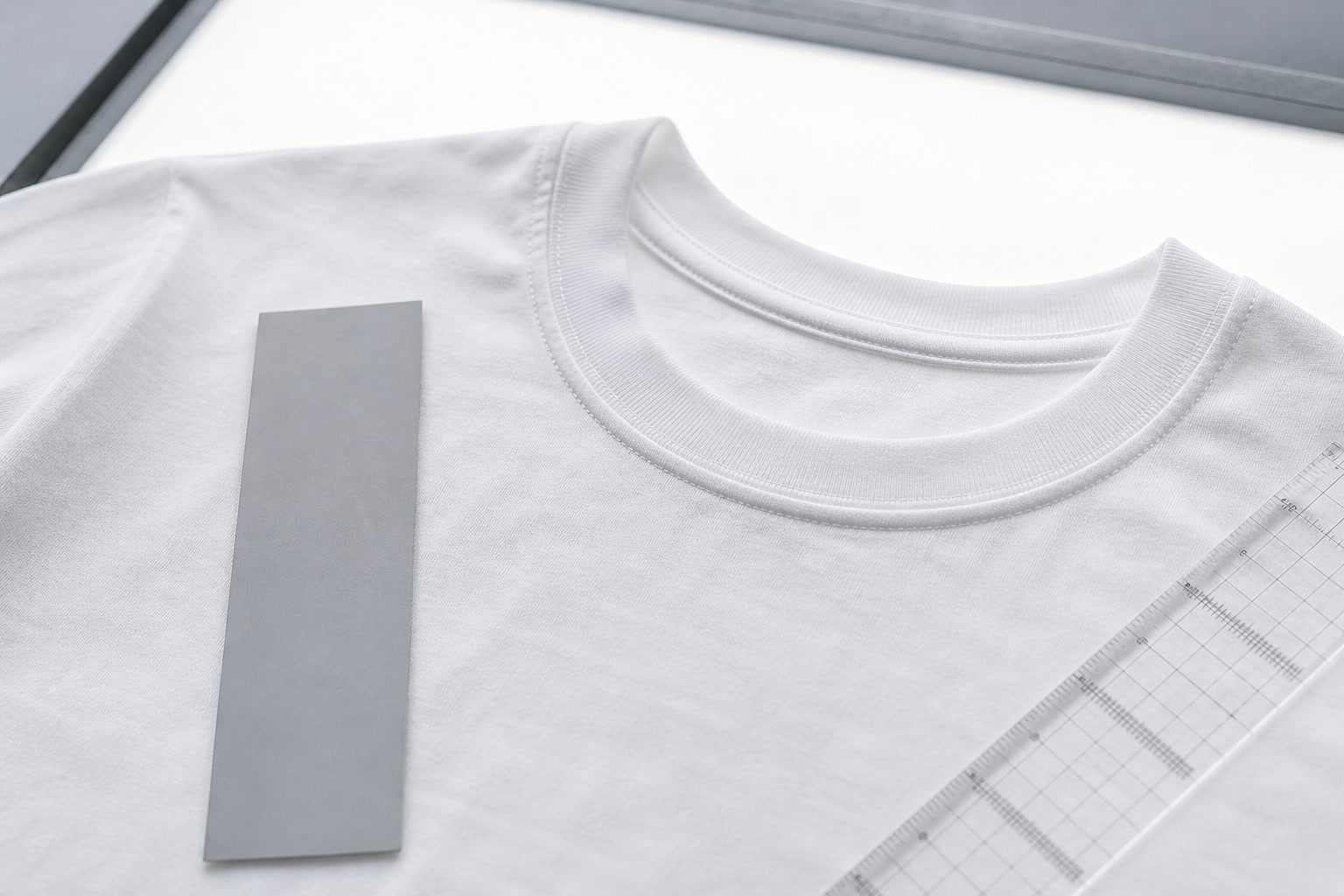 White tee fabric close-up with neckline stitching and light test card